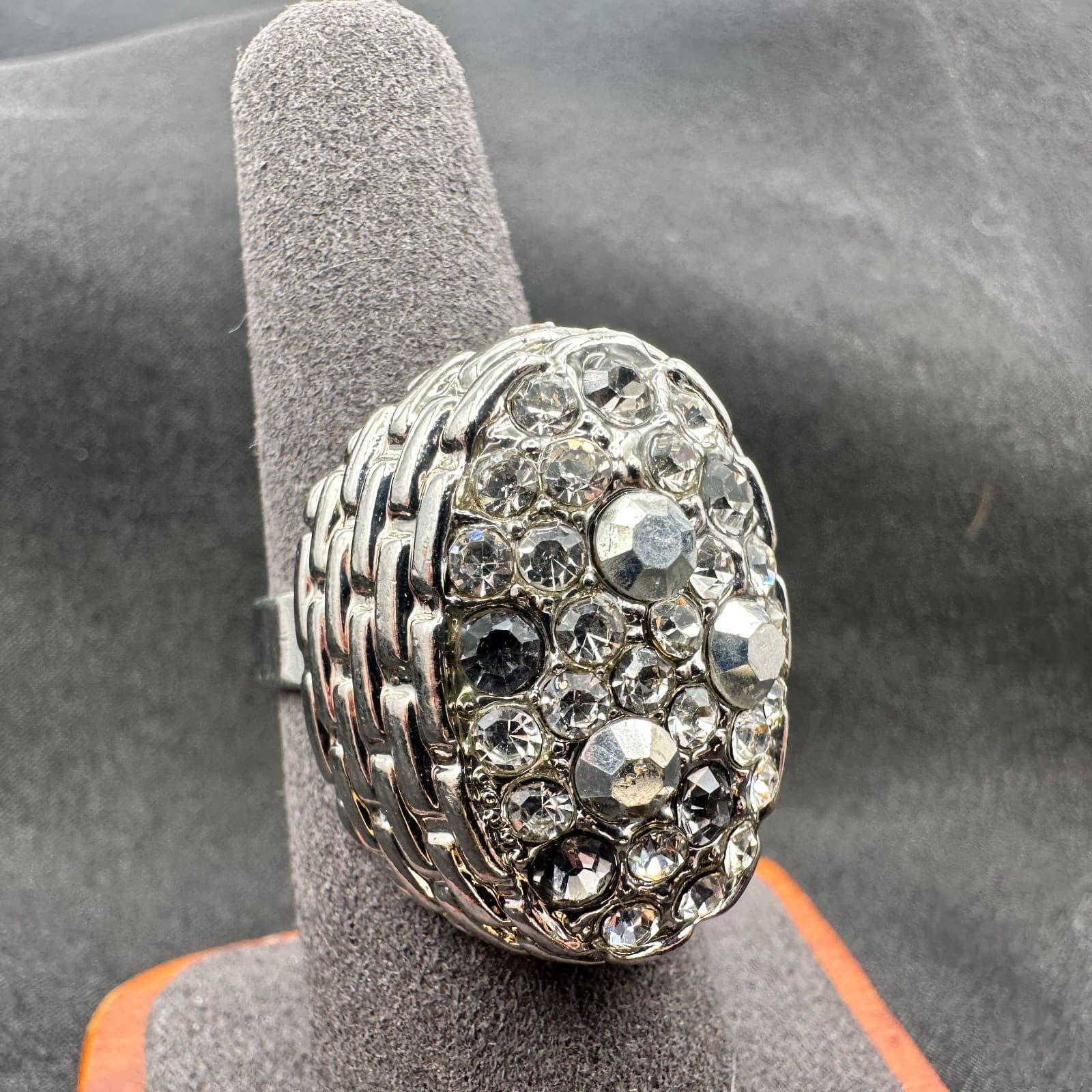 Vintage Y2K Silver Tone Basket Weave Rhinestone Ring Women's Classic Jewelry - Thumbnail 5