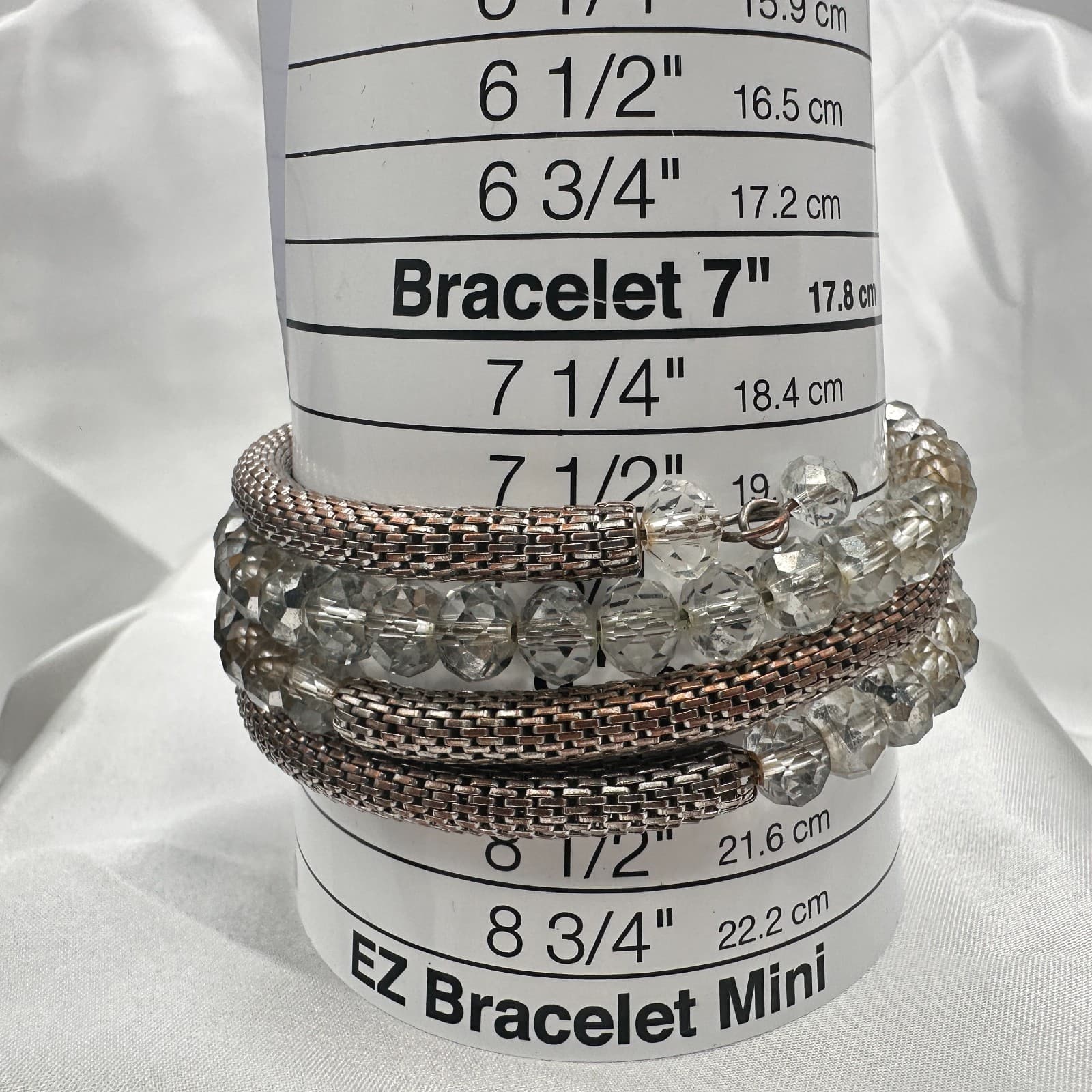 Vintage 90s Coil Wrap Bracelet Silver Tone Mesh Clear Glass Beads Statement - Thumbnail 9