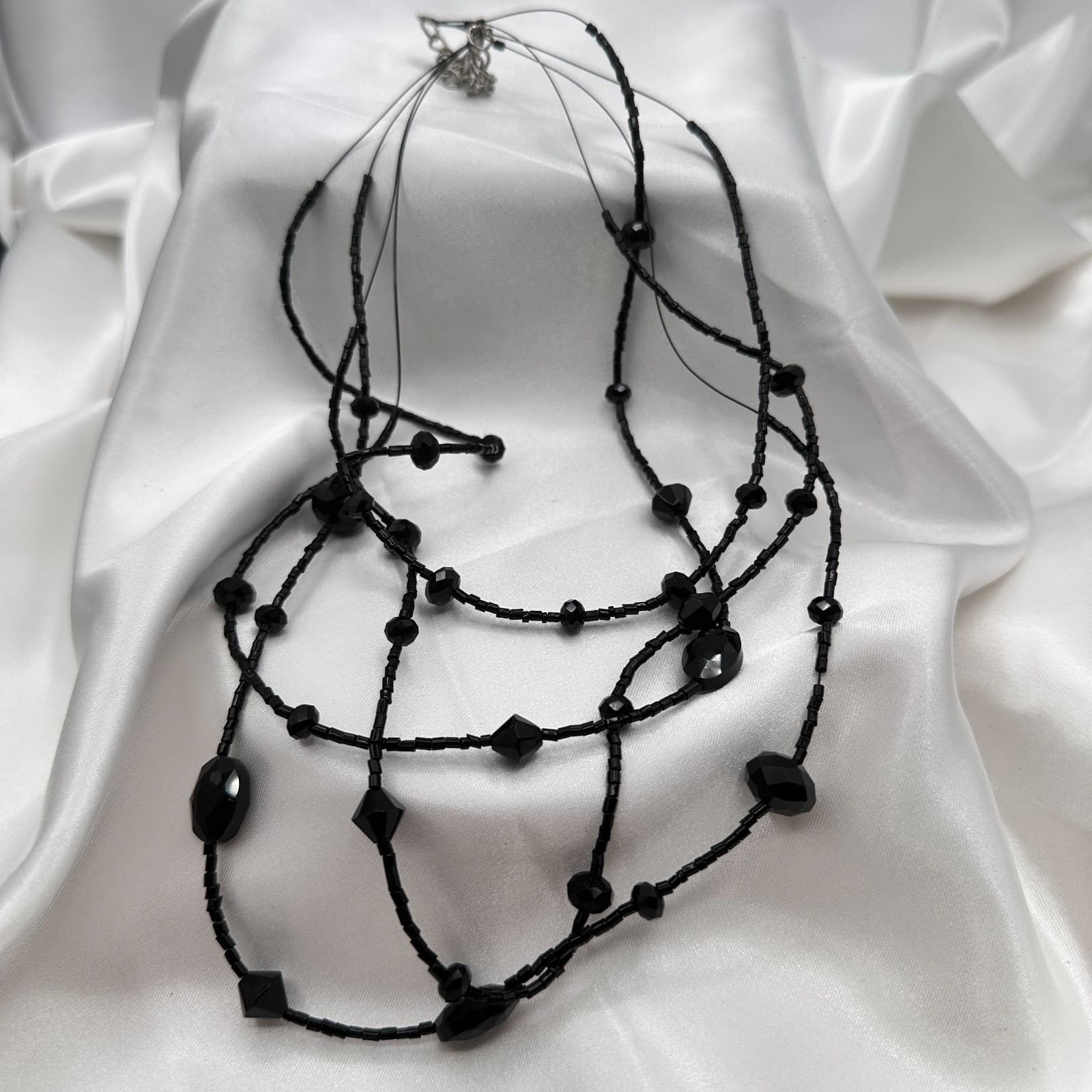 Vintage 90s Black Glass Multi Strand Layered Statement Necklace Boho Chic Goth - Image 1