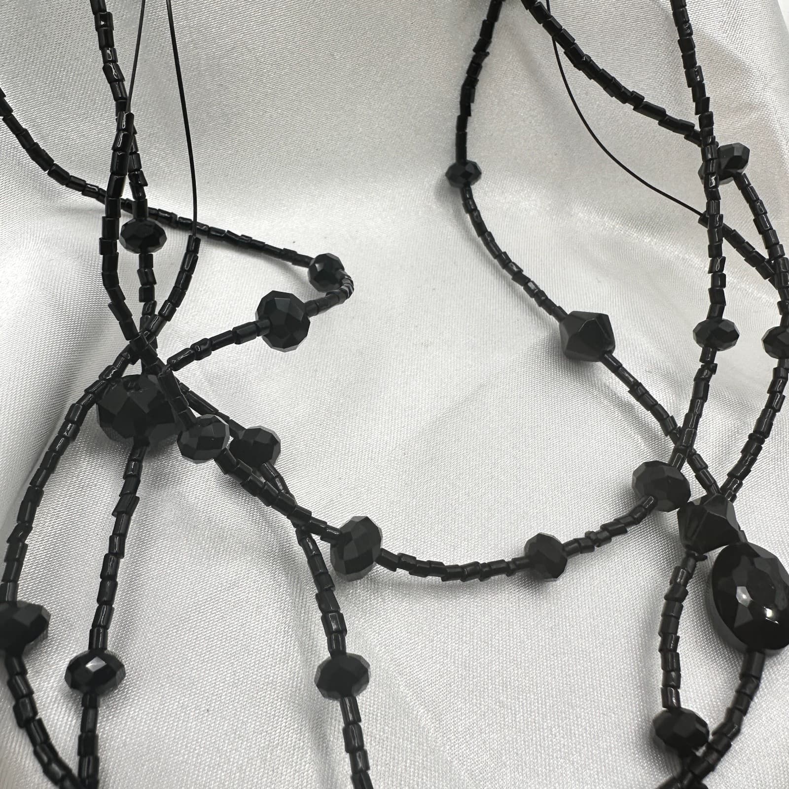 Vintage 90s Black Glass Multi Strand Layered Statement Necklace Boho Chic Goth - Thumbnail 4