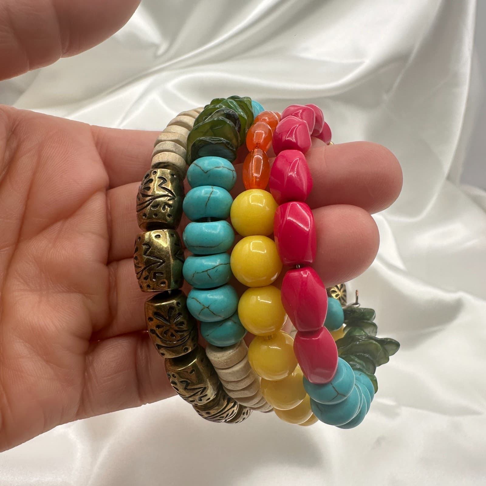 Vintage 90s Multi-Strand Wrap Bracelet Colorful Glass Wood Metal Bead Jewelry - Thumbnail 6