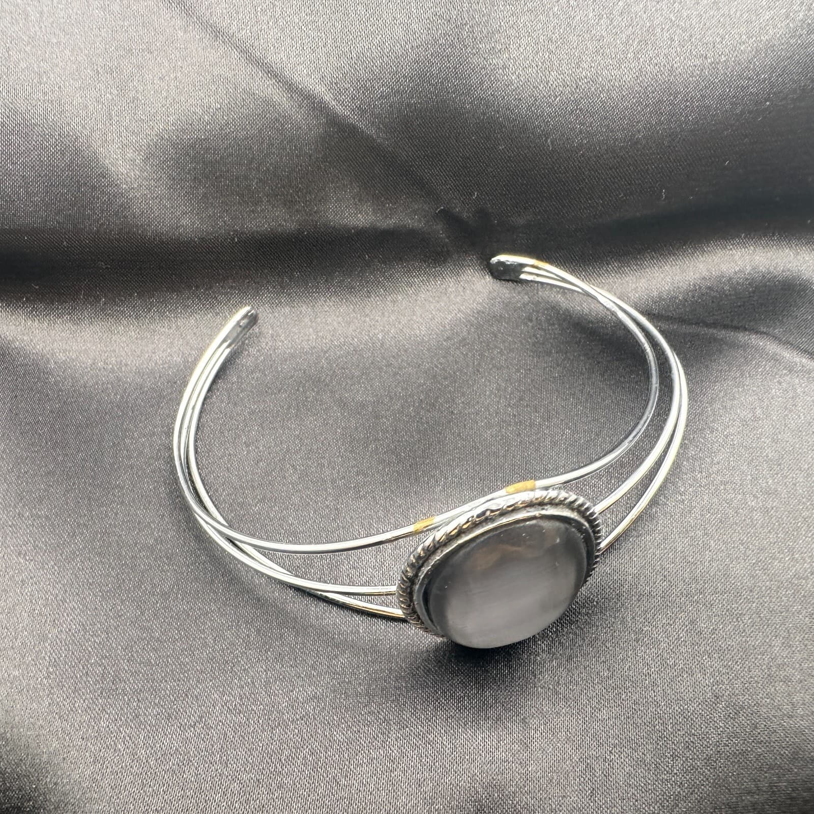 Vintage 80s Navajo Silver Tone Black Cabochon Rope Cuff Bangle Bracelet Jewelry - Thumbnail 7