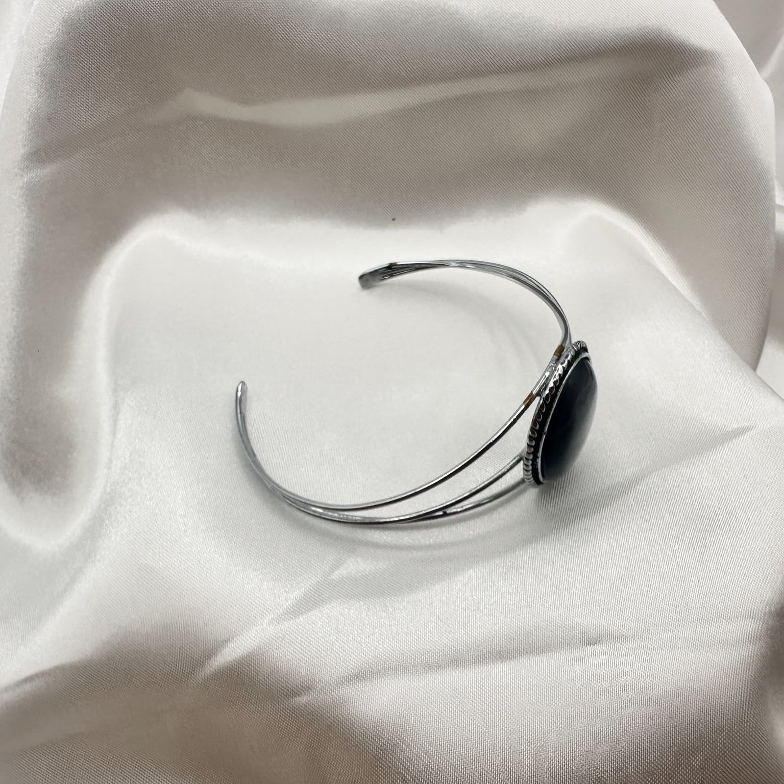 Vintage 80s Navajo Silver Tone Black Cabochon Rope Cuff Bangle Bracelet Jewelry - Thumbnail 3