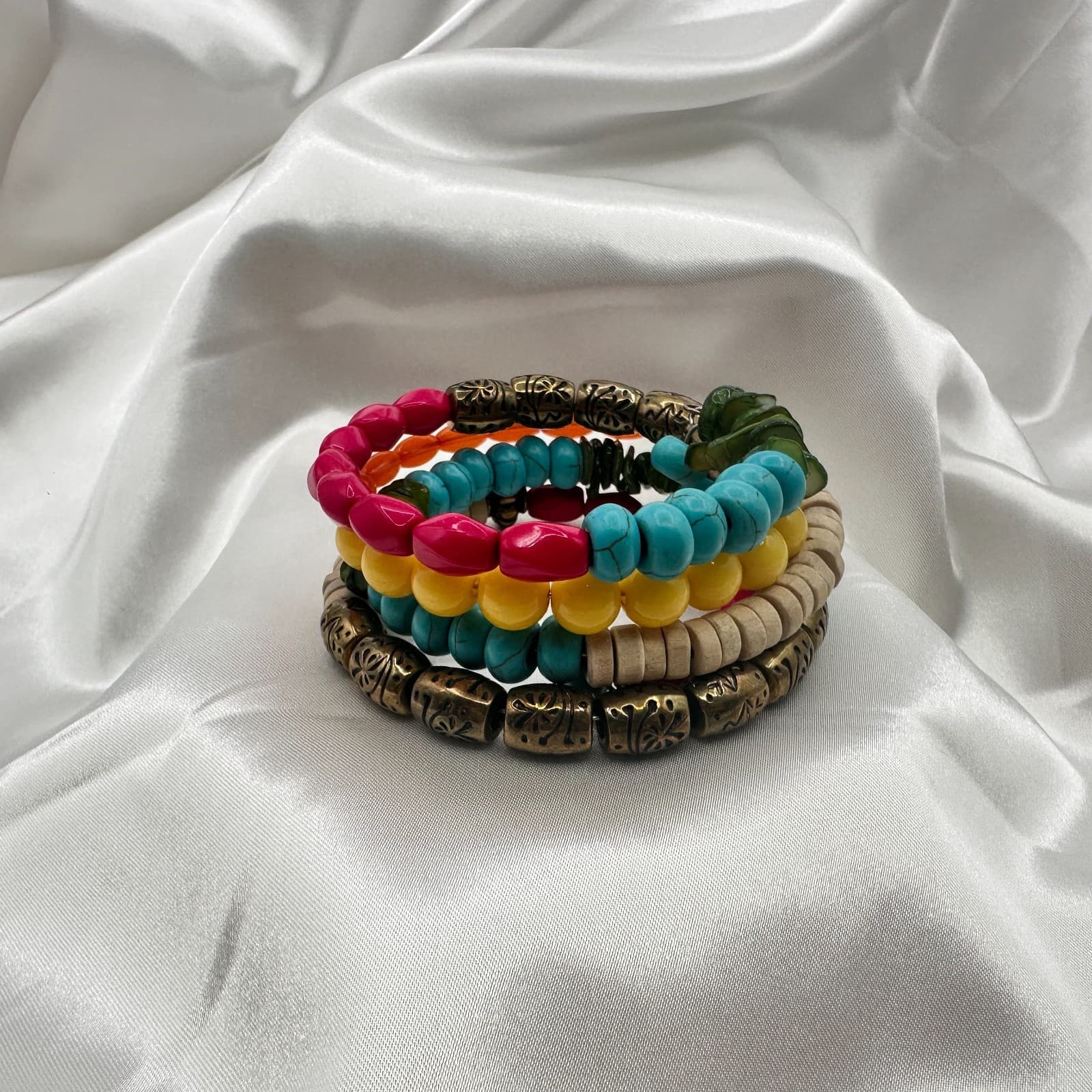 Vintage 90s Multi-Strand Wrap Bracelet Colorful Glass Wood Metal Bead Jewelry - Thumbnail 4
