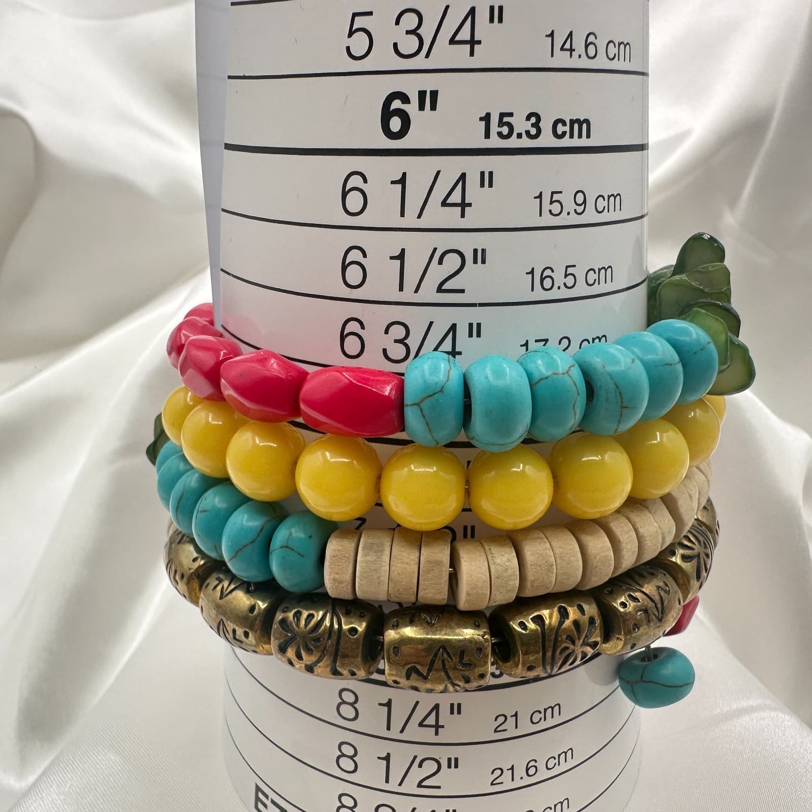 Vintage 90s Multi-Strand Wrap Bracelet Colorful Glass Wood Metal Bead Jewelry - Thumbnail 5