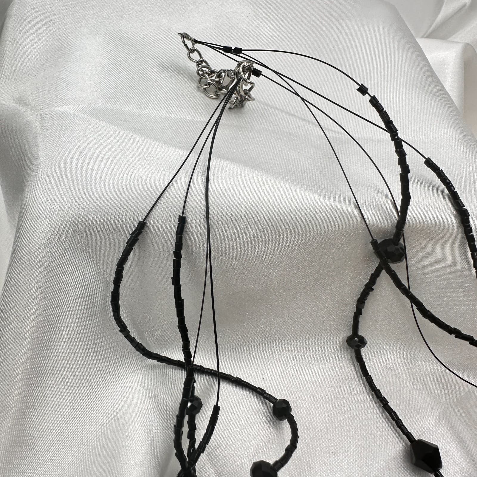 Vintage 90s Black Glass Multi Strand Layered Statement Necklace Boho Chic Goth - Thumbnail 3