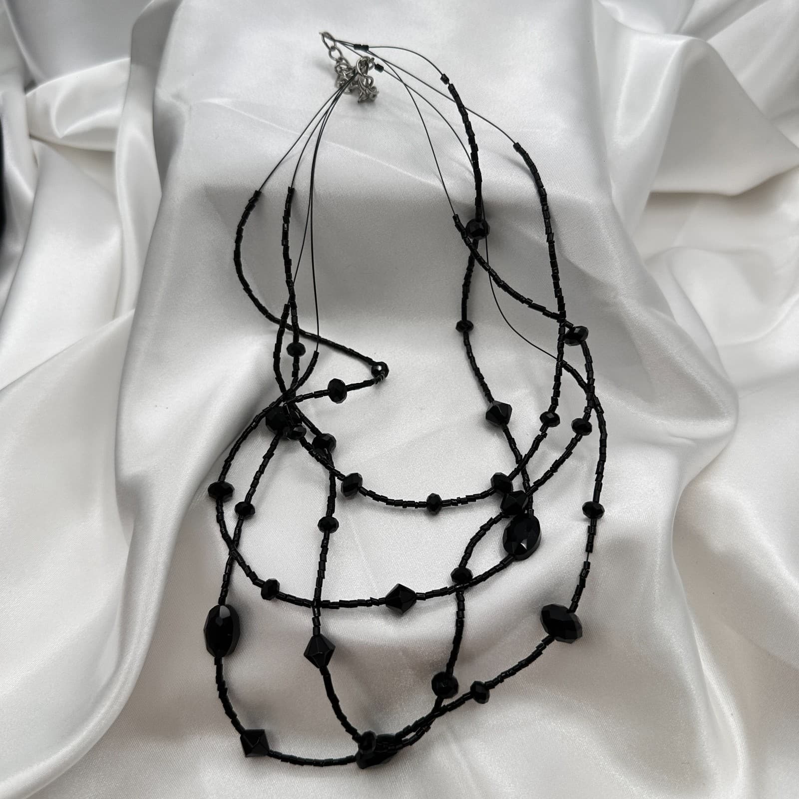 Vintage 90s Black Glass Multi Strand Layered Statement Necklace Boho Chic Goth - Thumbnail 6