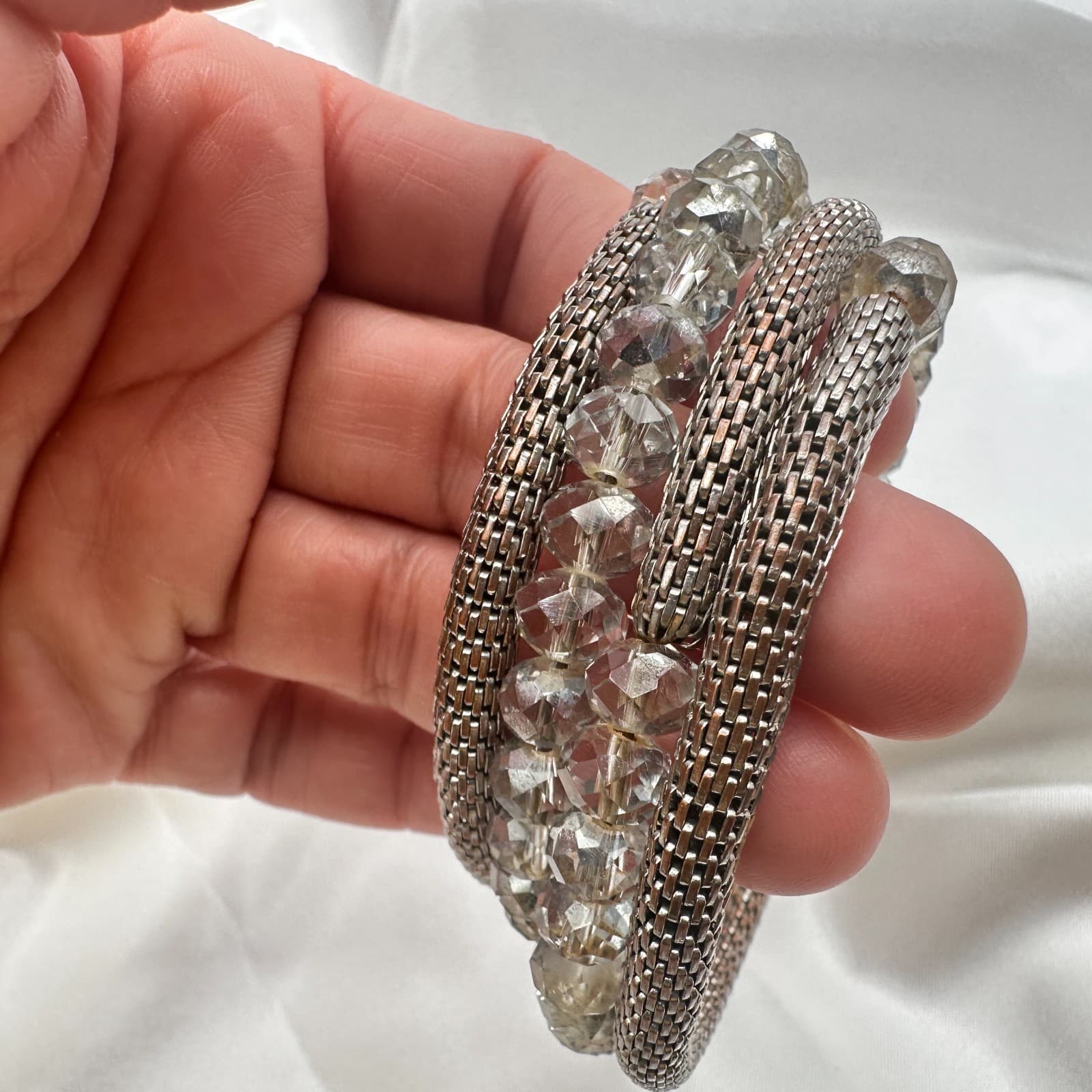 Vintage 90s Coil Wrap Bracelet Silver Tone Mesh Clear Glass Beads Statement - Thumbnail 8