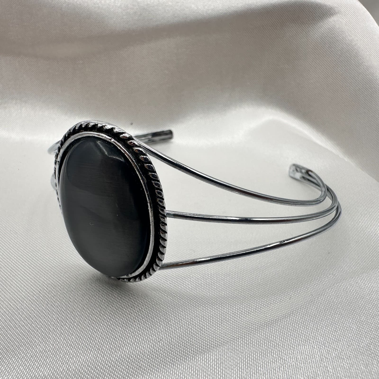 Vintage 80s Navajo Silver Tone Black Cabochon Rope Cuff Bangle Bracelet Jewelry - Thumbnail 4