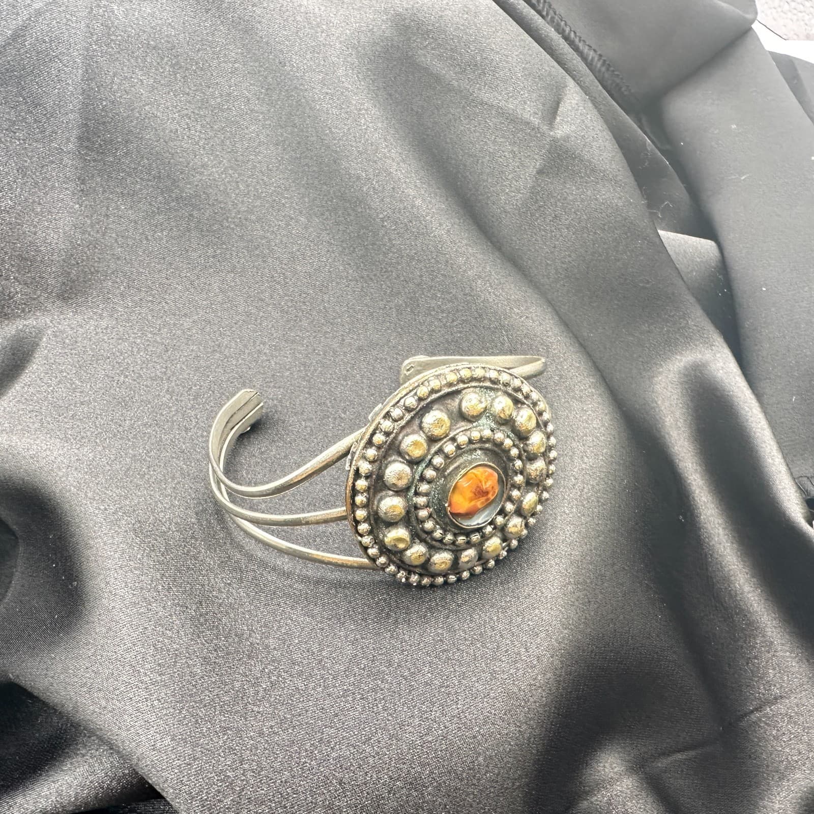 Vintage 90s Cuff Bracelet Silver Tone Brown Glass Statement Boho Fashion Jewelry - Thumbnail 10