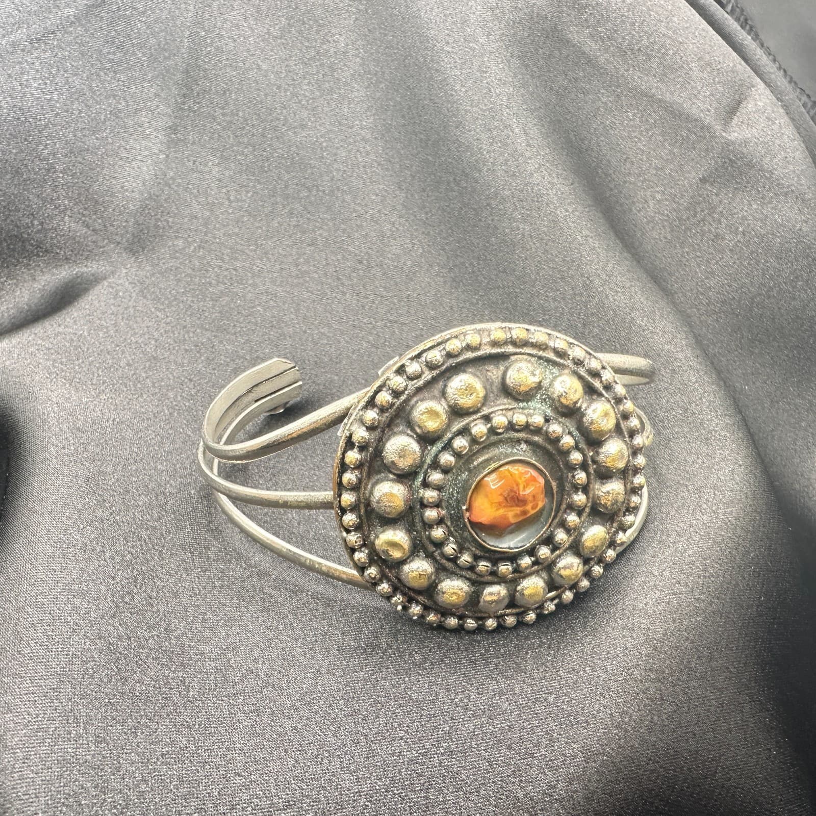 Vintage 90s Cuff Bracelet Silver Tone Brown Glass Statement Boho Fashion Jewelry - Thumbnail 7