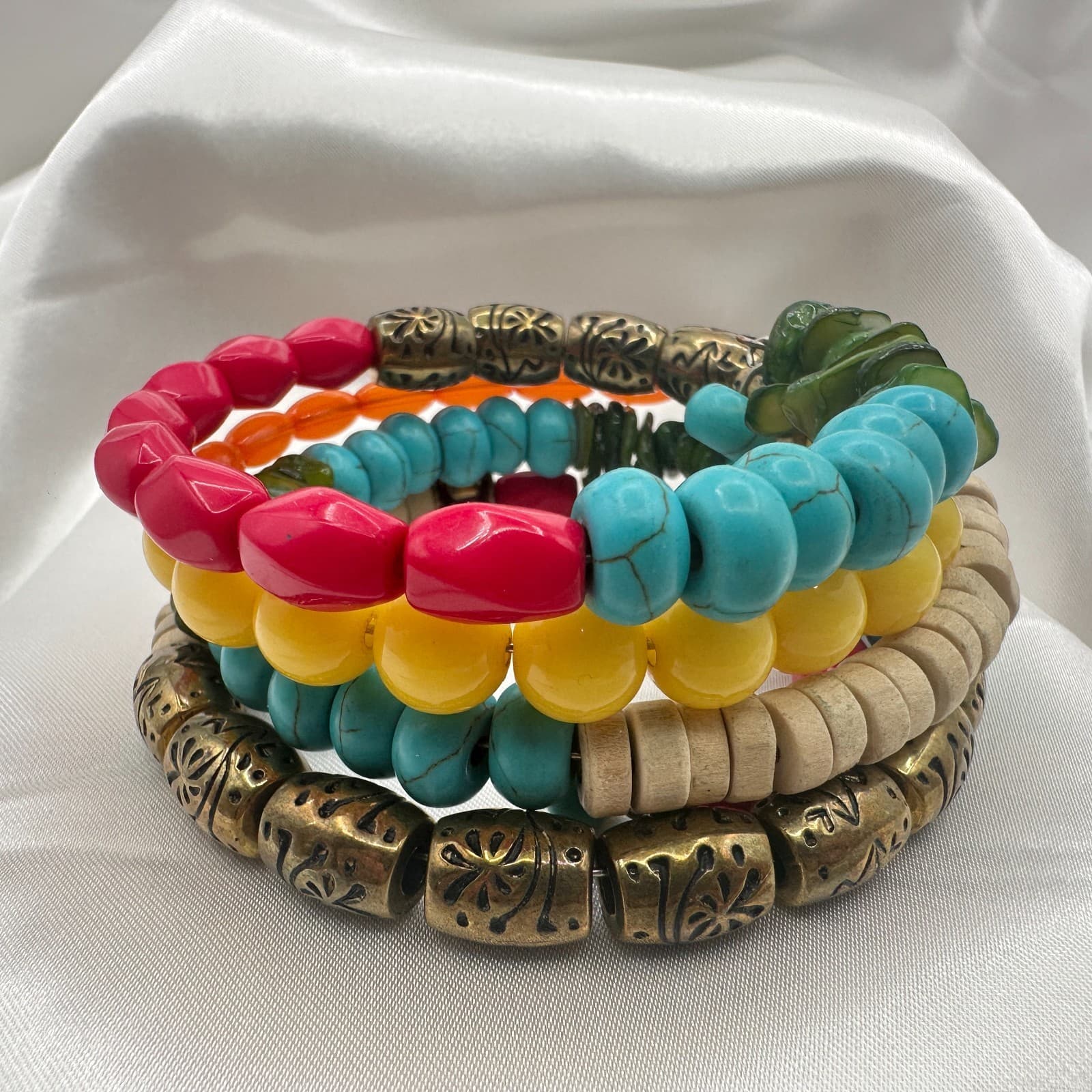 Vintage 90s Multi-Strand Wrap Bracelet Colorful Glass Wood Metal Bead Jewelry - Thumbnail 3