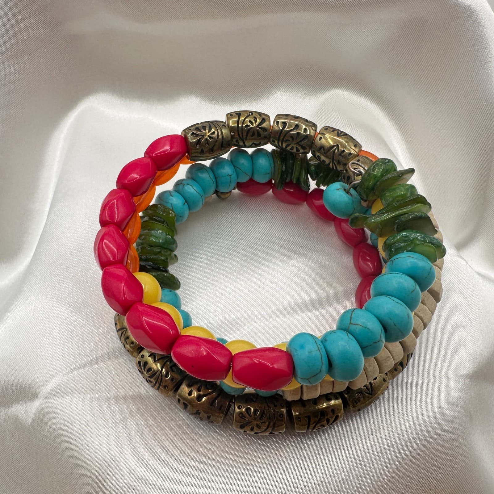 Vintage 90s Multi-Strand Wrap Bracelet Colorful Glass Wood Metal Bead Jewelry - Thumbnail 2