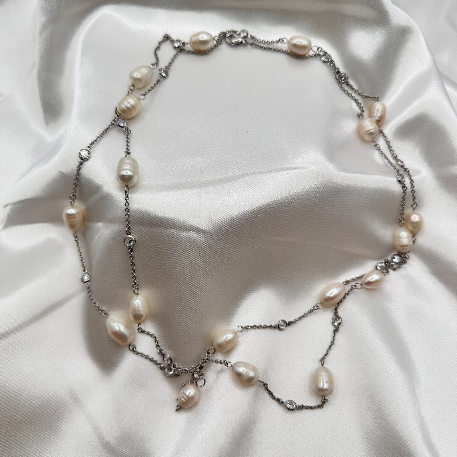 Vintage 90s Silver Tone Floating Oval Freshwater Pearl Layered Necklace Jewelry - Thumbnail 7
