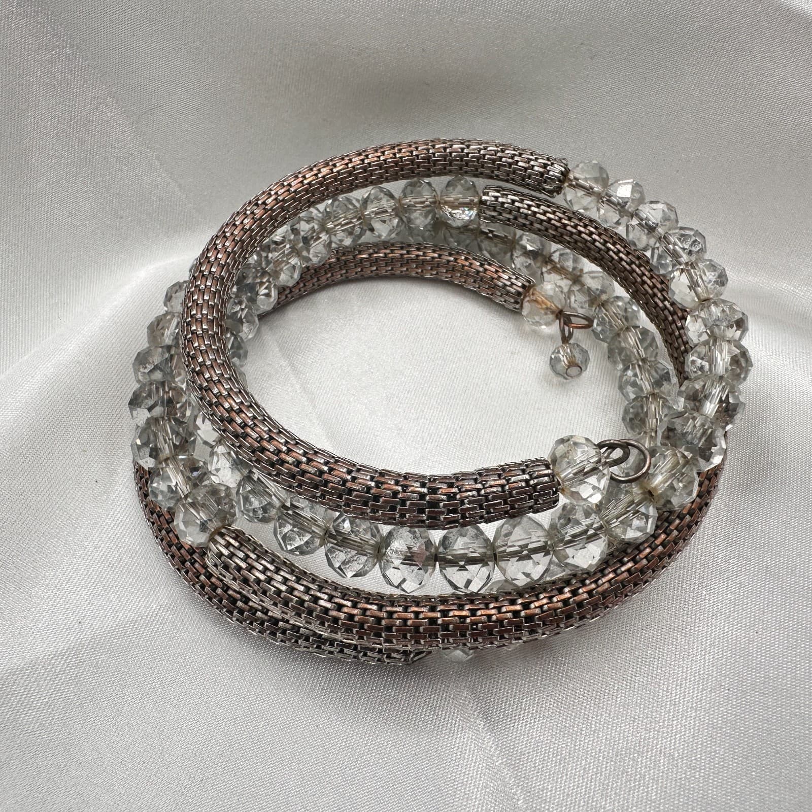 Vintage 90s Coil Wrap Bracelet Silver Tone Mesh Clear Glass Beads Statement - Thumbnail 2