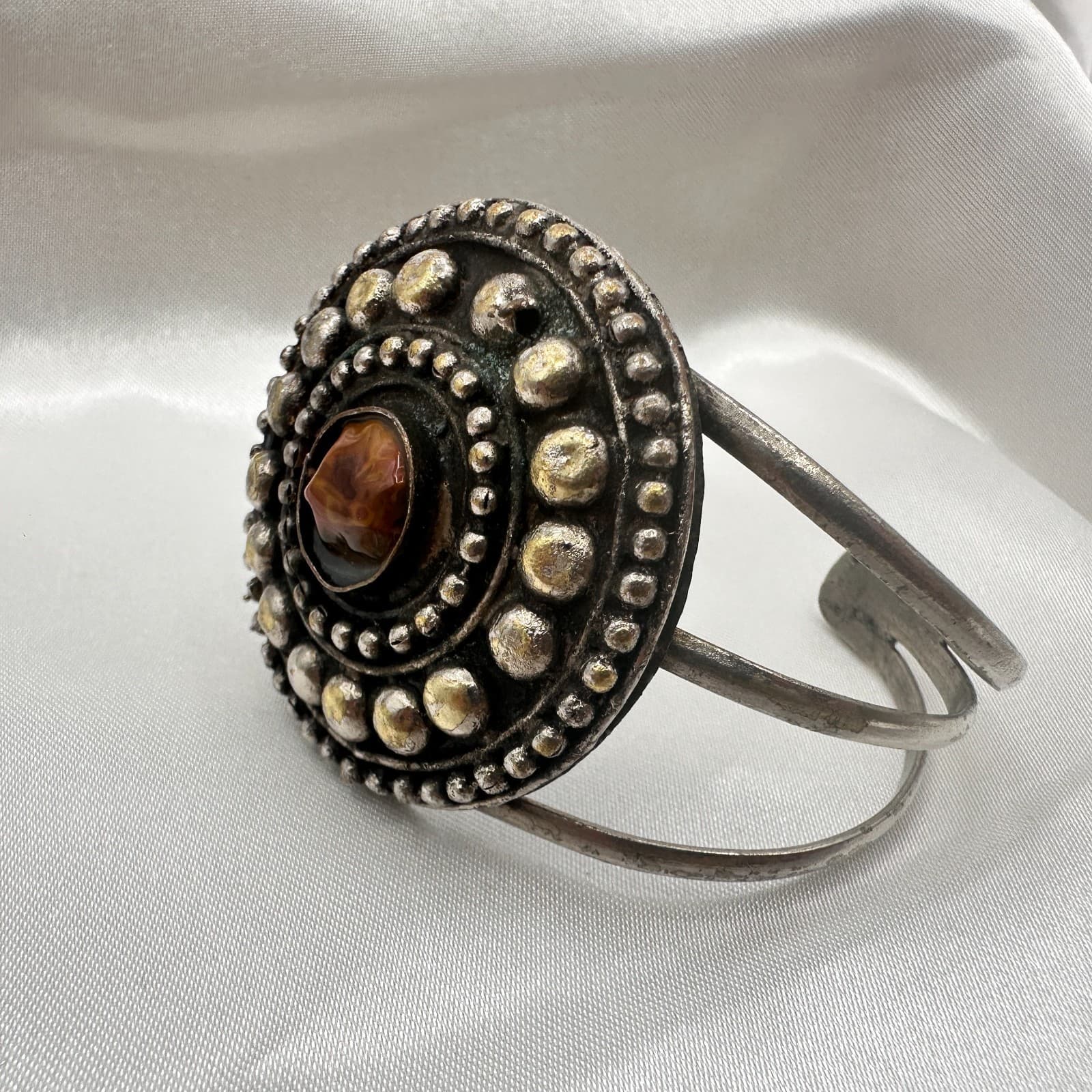 Vintage 90s Cuff Bracelet Silver Tone Brown Glass Statement Boho Fashion Jewelry - Thumbnail 4