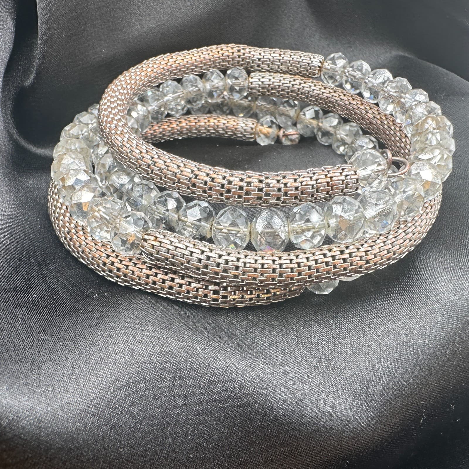 Vintage 90s Coil Wrap Bracelet Silver Tone Mesh Clear Glass Beads Statement - Thumbnail 7