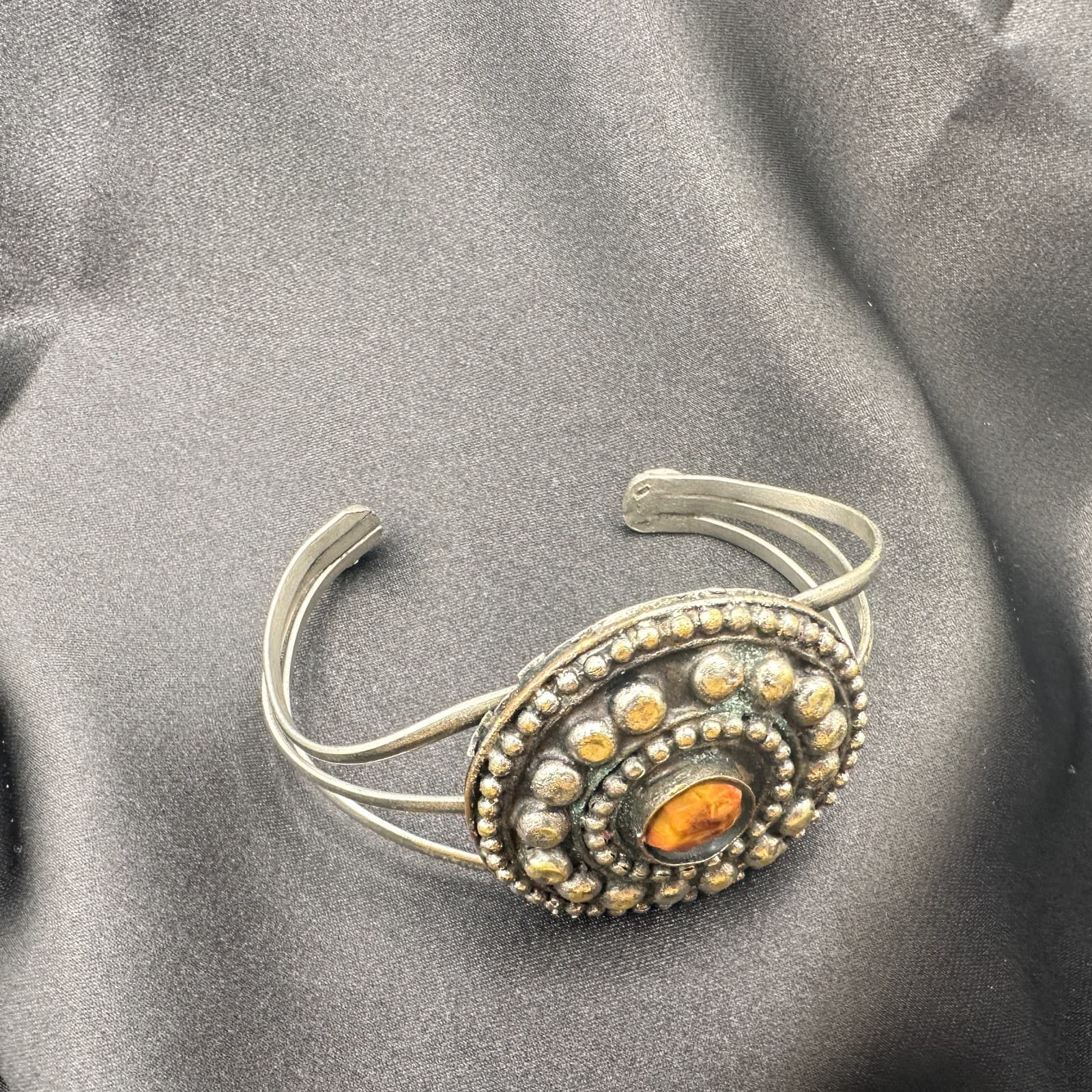 Vintage 90s Cuff Bracelet Silver Tone Brown Glass Statement Boho Fashion Jewelry - Thumbnail 8