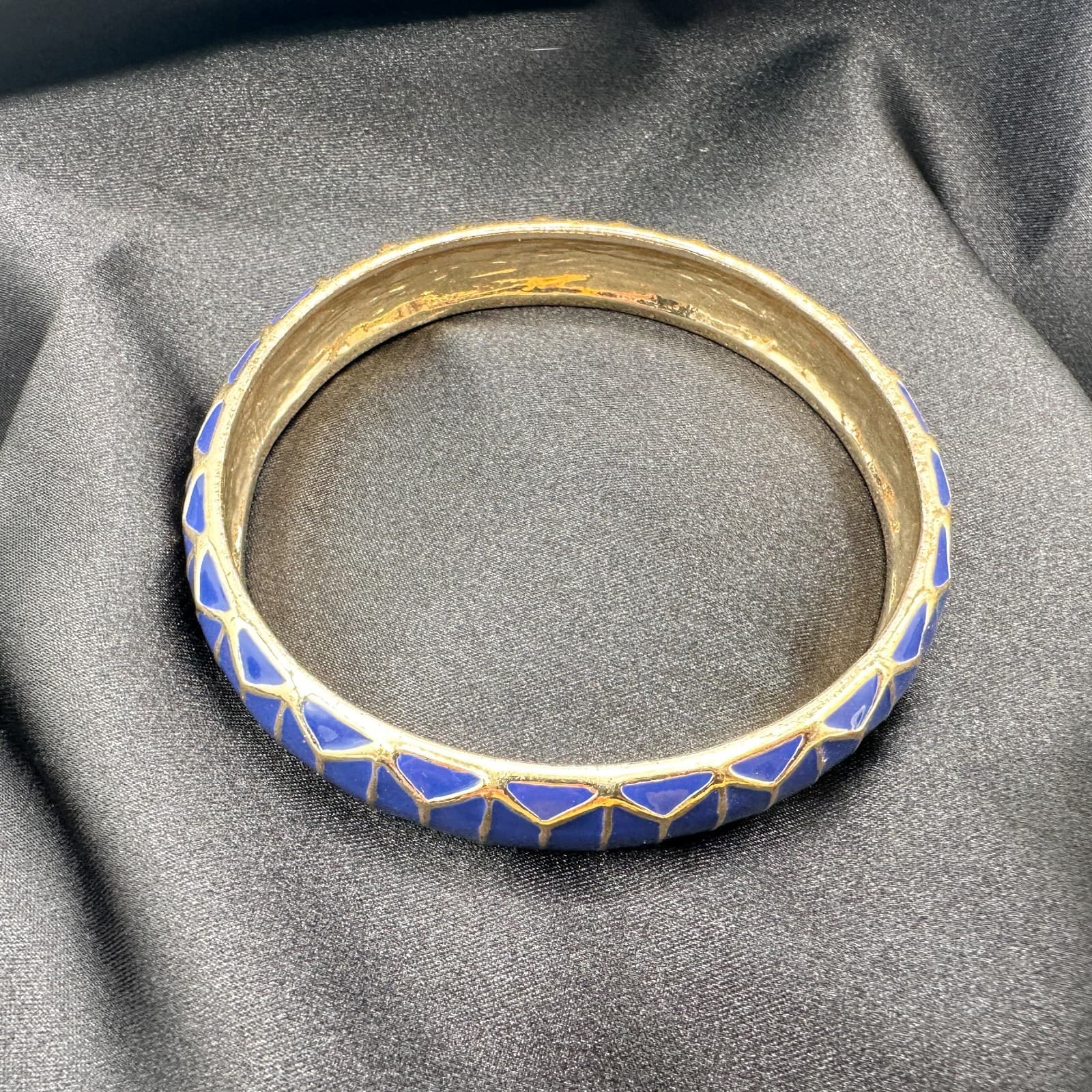 Vintage 80s Navy Enamel Bangle Gilde Honeycomb Lattice Statement Classic Jewelry - Thumbnail 4