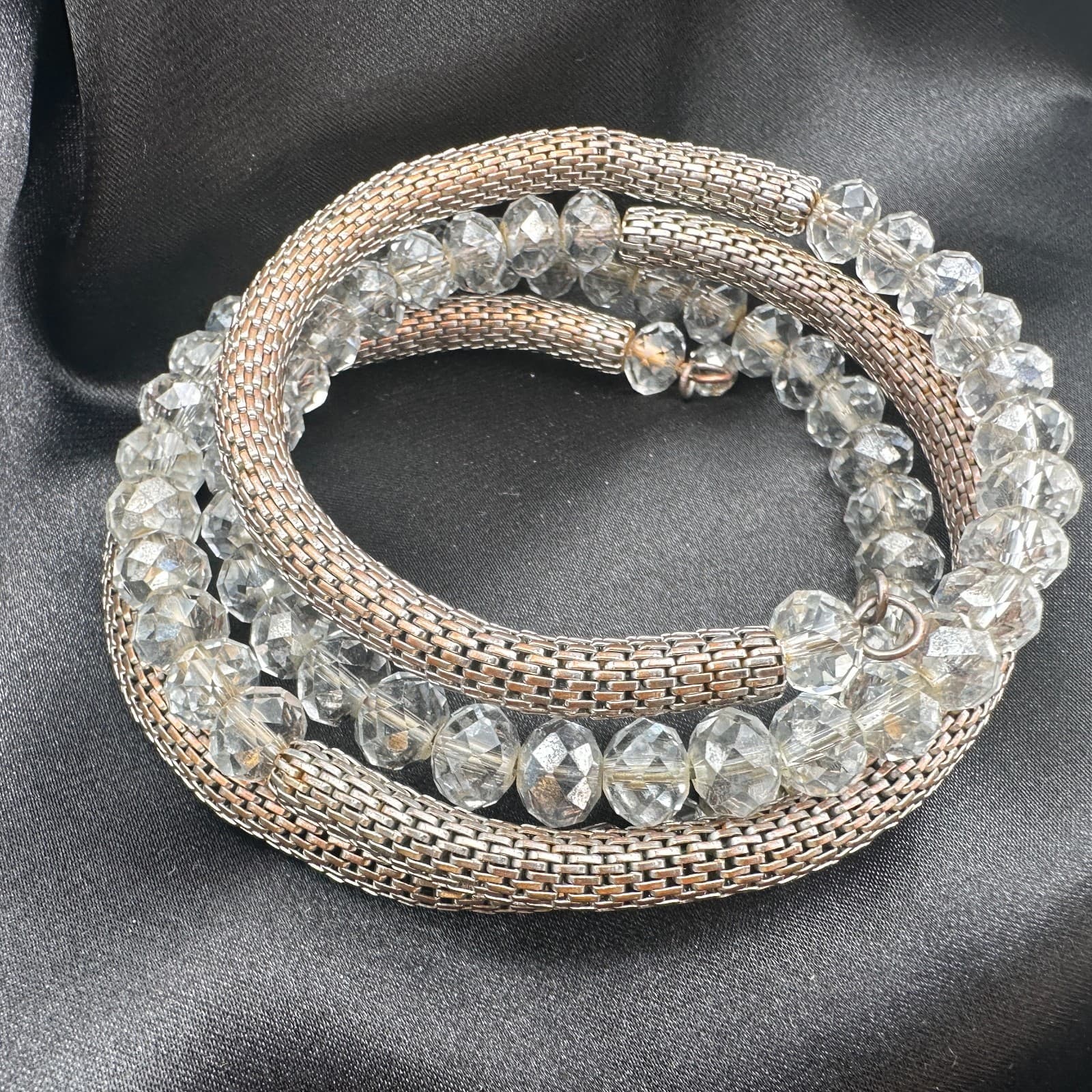 Vintage 90s Coil Wrap Bracelet Silver Tone Mesh Clear Glass Beads Statement - Thumbnail 6