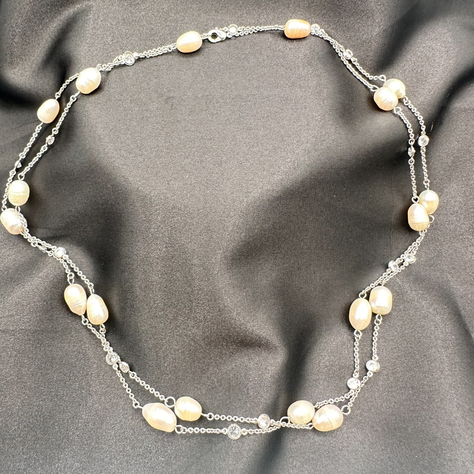 Vintage 90s Silver Tone Floating Oval Freshwater Pearl Layered Necklace Jewelry - Thumbnail 8