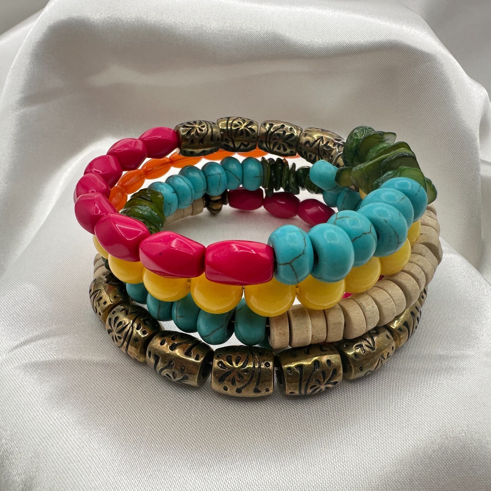 Vintage 90s Multi-Strand Wrap Bracelet Colorful Glass Wood Metal Bead Jewelry - Image 1