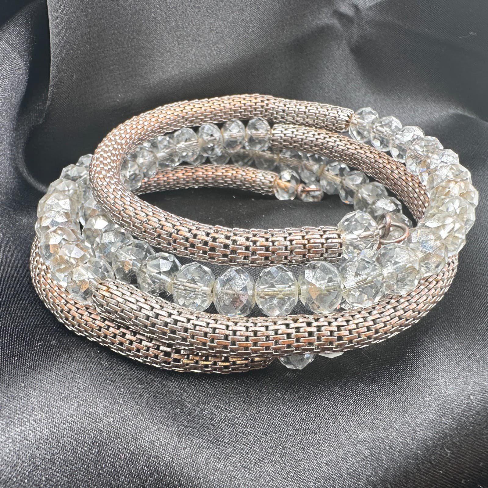 Vintage 90s Coil Wrap Bracelet Silver Tone Mesh Clear Glass Beads Statement - Thumbnail 5