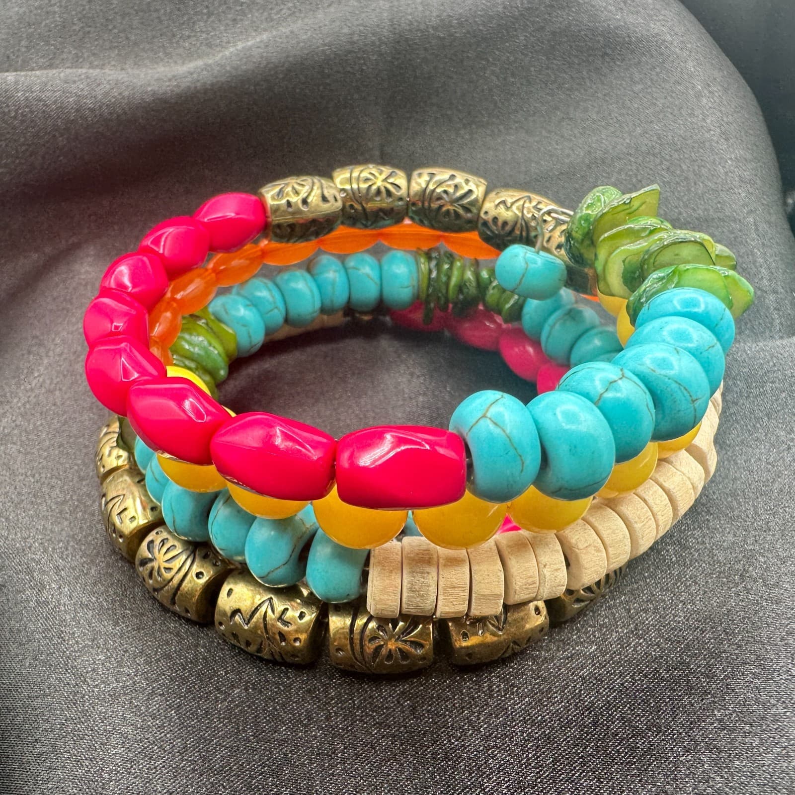 Vintage 90s Multi-Strand Wrap Bracelet Colorful Glass Wood Metal Bead Jewelry - Thumbnail 7