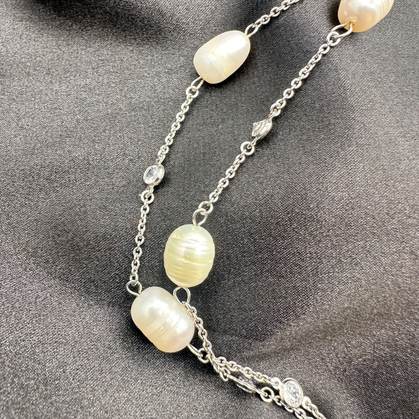 Vintage 90s Silver Tone Floating Oval Freshwater Pearl Layered Necklace Jewelry - Thumbnail 9
