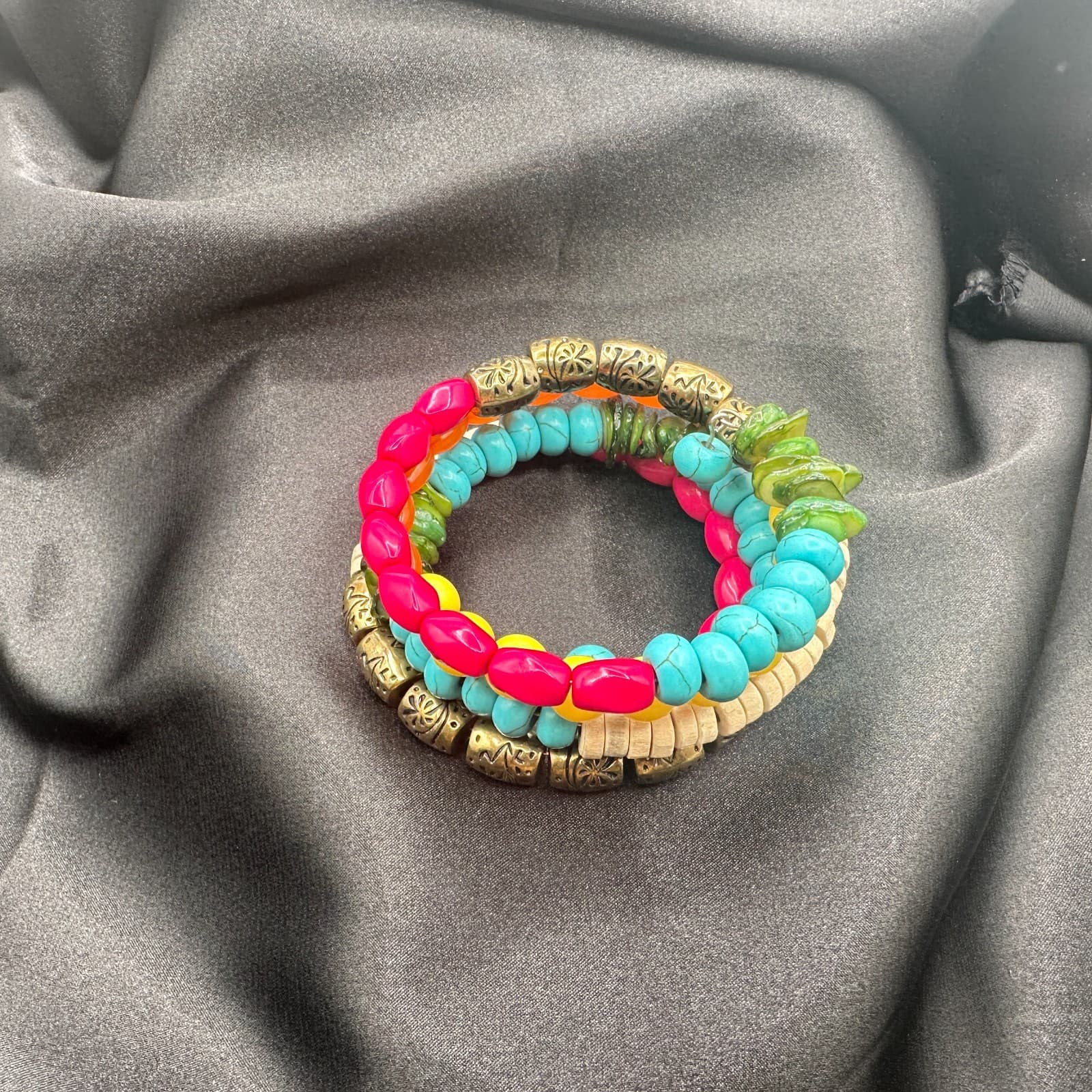 Vintage 90s Multi-Strand Wrap Bracelet Colorful Glass Wood Metal Bead Jewelry - Thumbnail 9