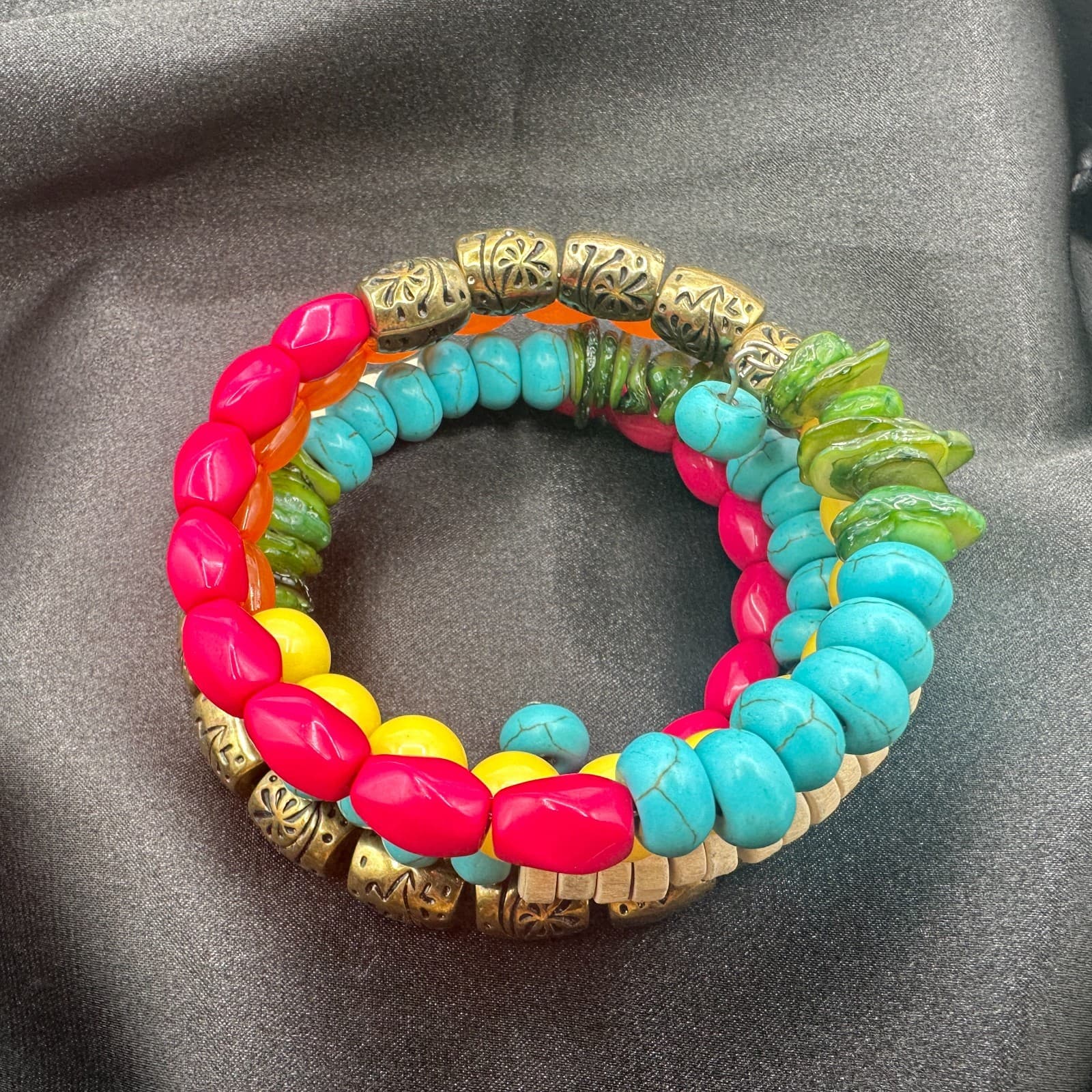 Vintage 90s Multi-Strand Wrap Bracelet Colorful Glass Wood Metal Bead Jewelry - Thumbnail 8