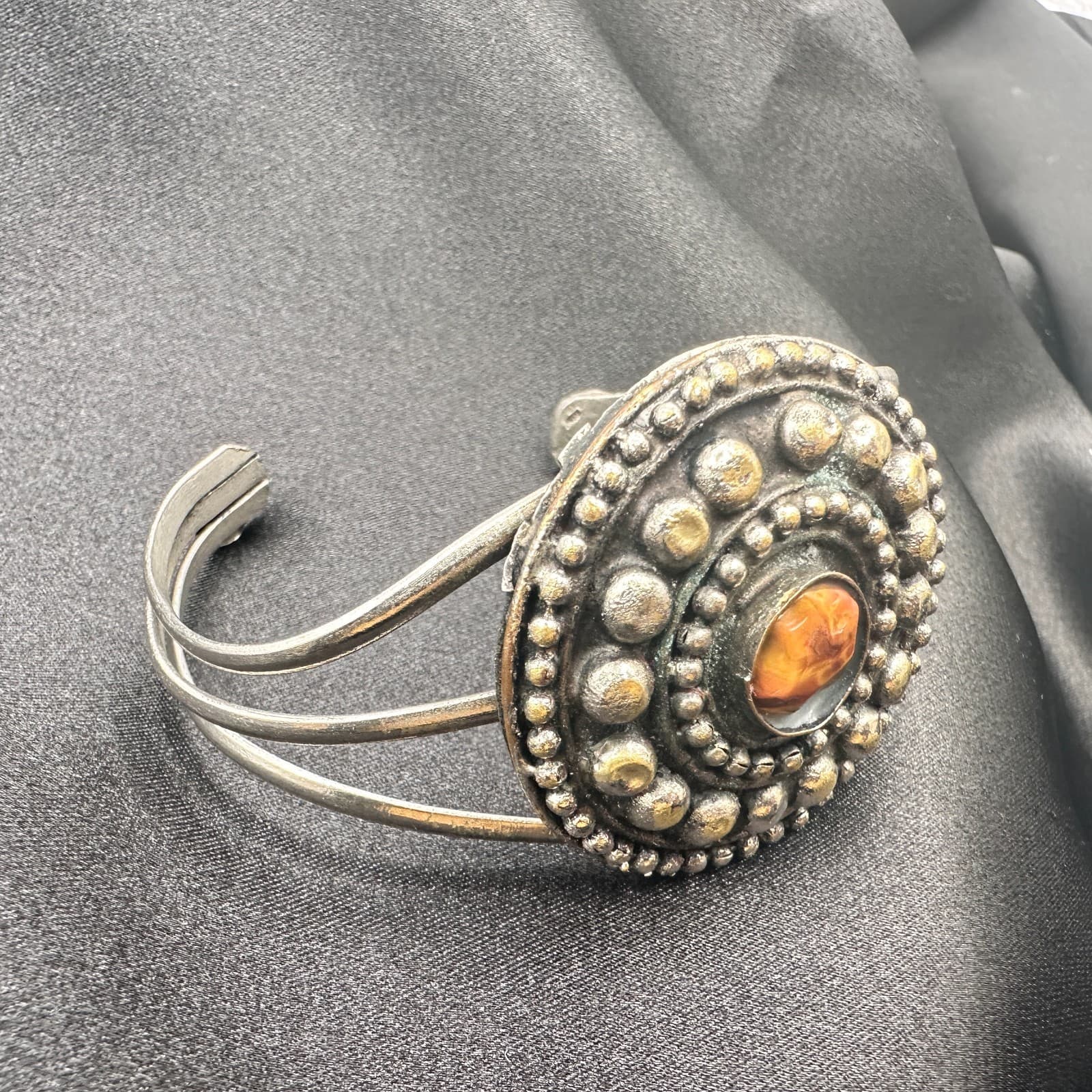 Vintage 90s Cuff Bracelet Silver Tone Brown Glass Statement Boho Fashion Jewelry - Thumbnail 9