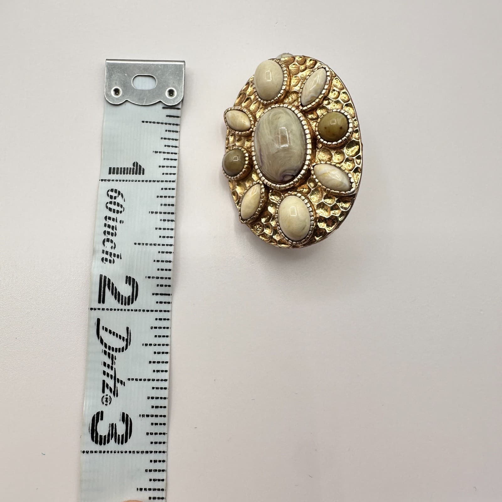 Vintage 80s Gold Tone Oval Earrings Cream Brown Marbled Glass Agate Jewelry - Thumbnail 9