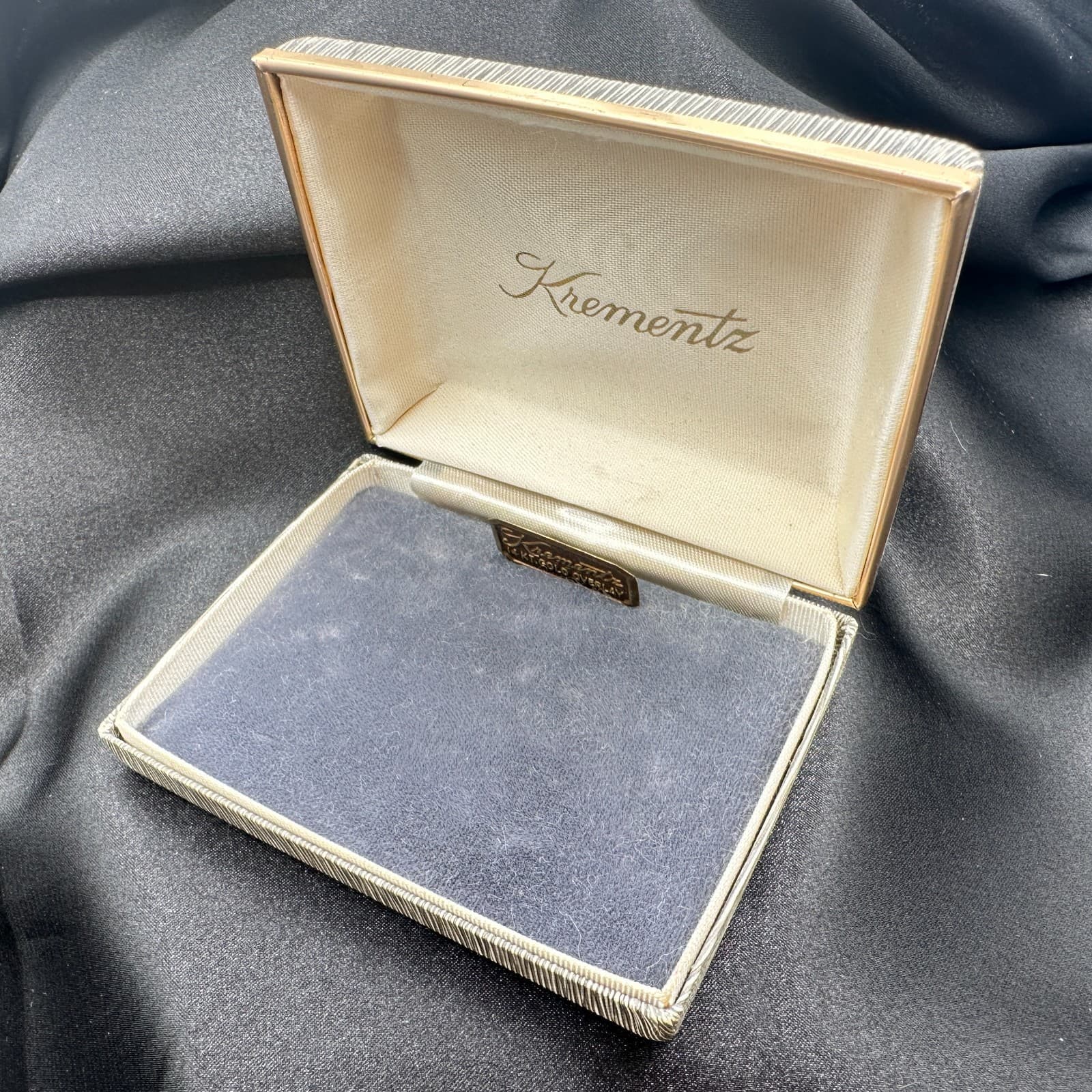 Vintage 80s Krementz Grey Textured Silk Presentation Box Gold Tone Trim Jewelry - Thumbnail 9