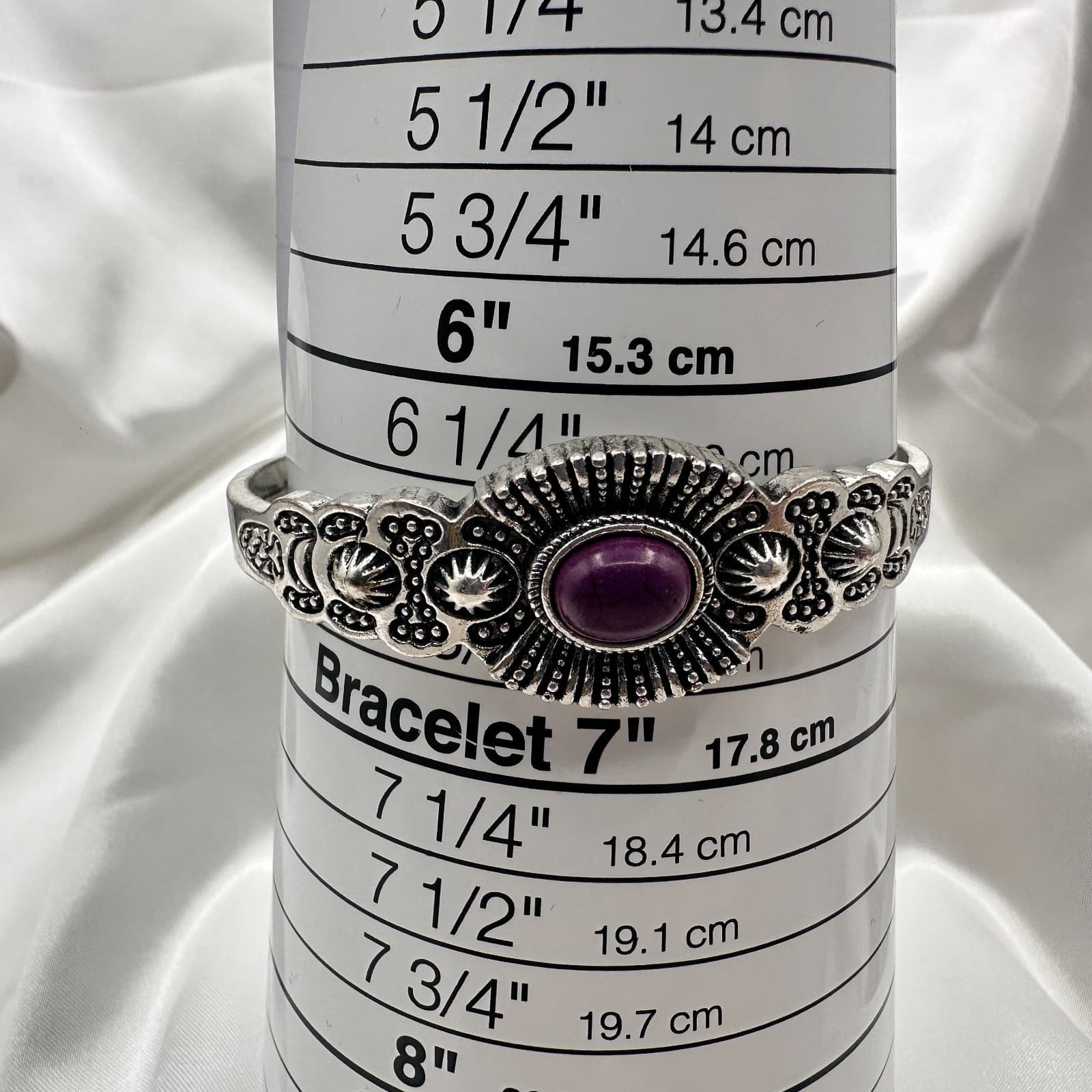 Vintage 80s Silver Tone Oval Amethyst Cabochon Cuff Bangle Southwestern Jewelry - Thumbnail 9