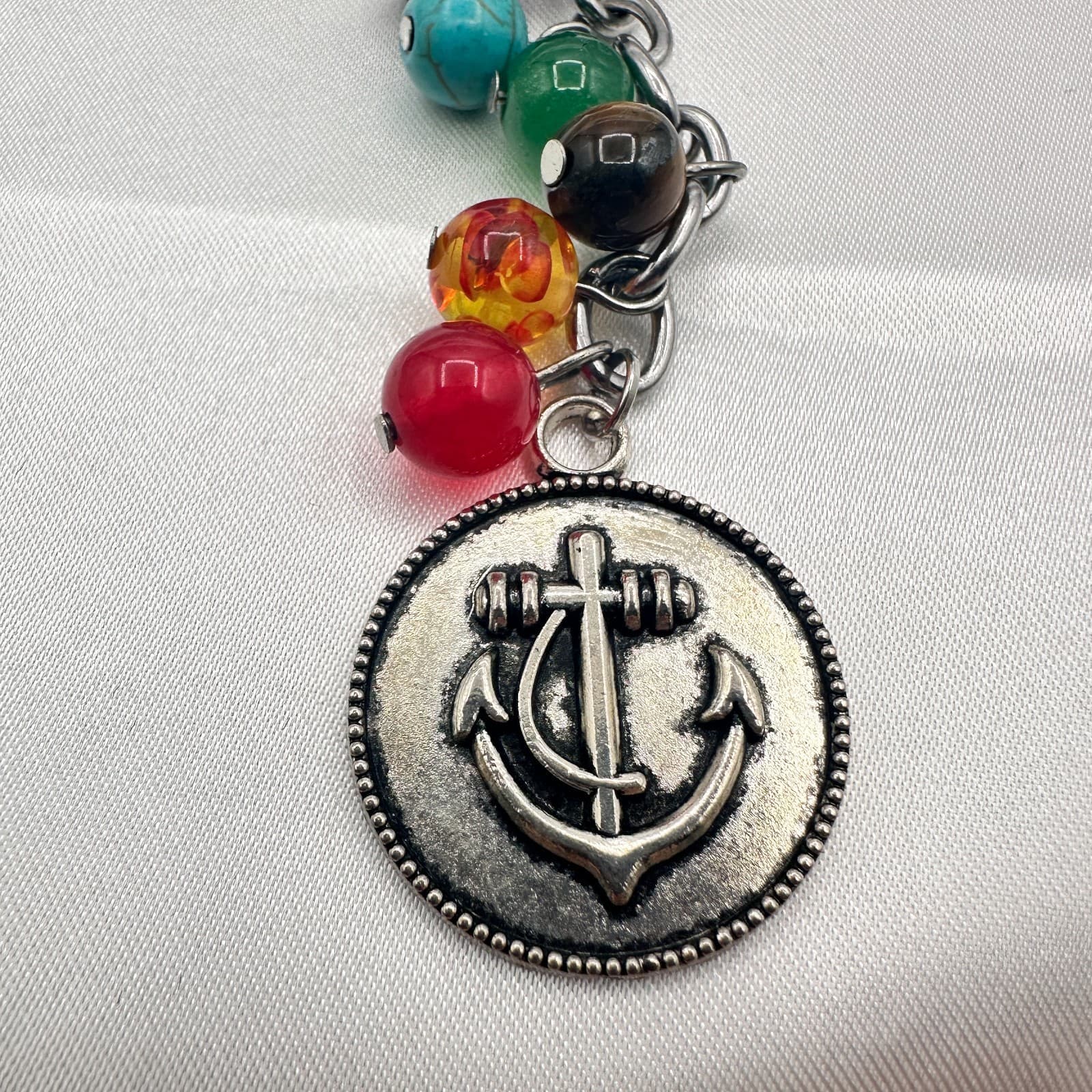 Vintage 80s 7 Chakra Healing Stone Keychain Yoga Reiki Anchor Charm Gift Jewelry - Thumbnail 3