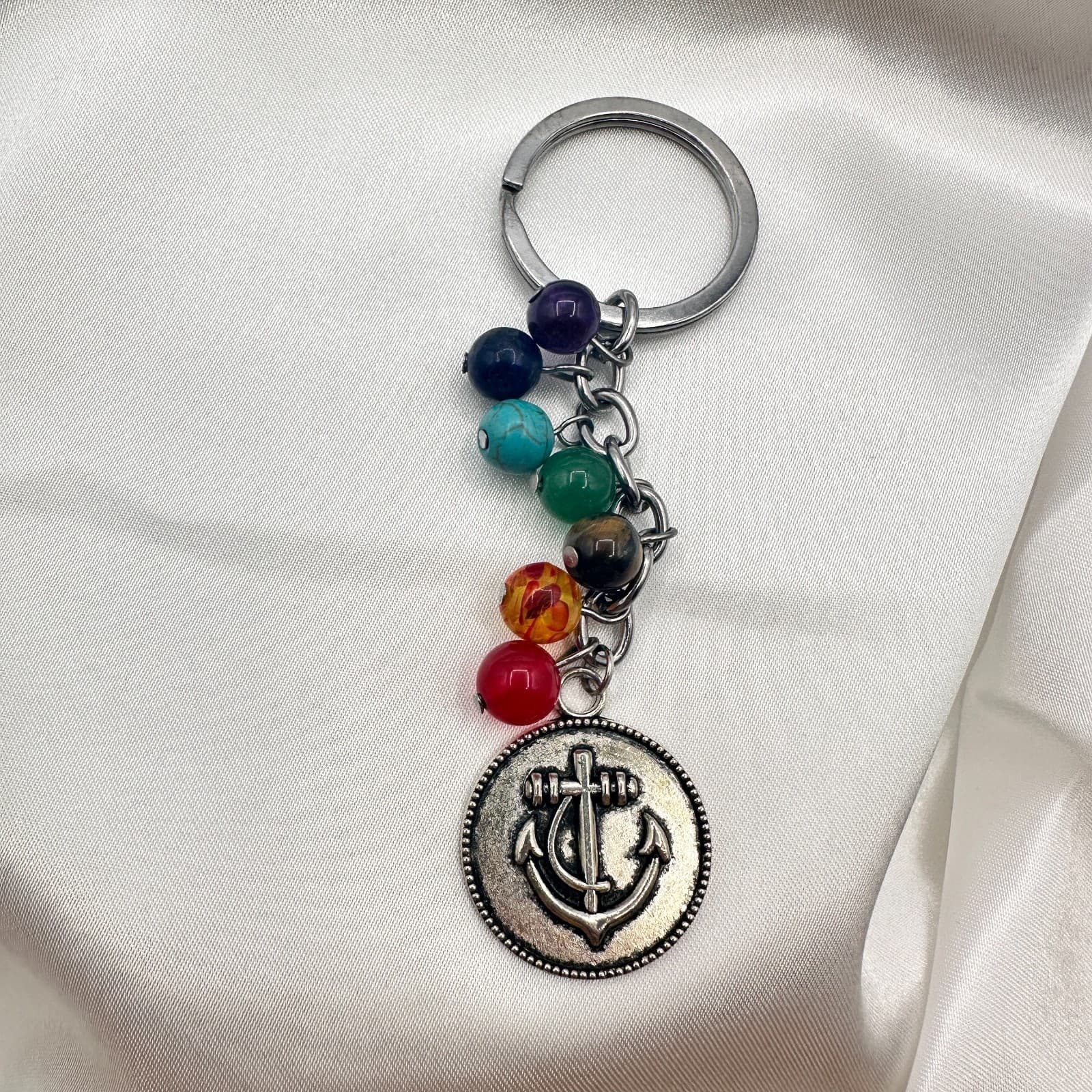 Vintage 80s 7 Chakra Healing Stone Keychain Yoga Reiki Anchor Charm Gift Jewelry - Image 1