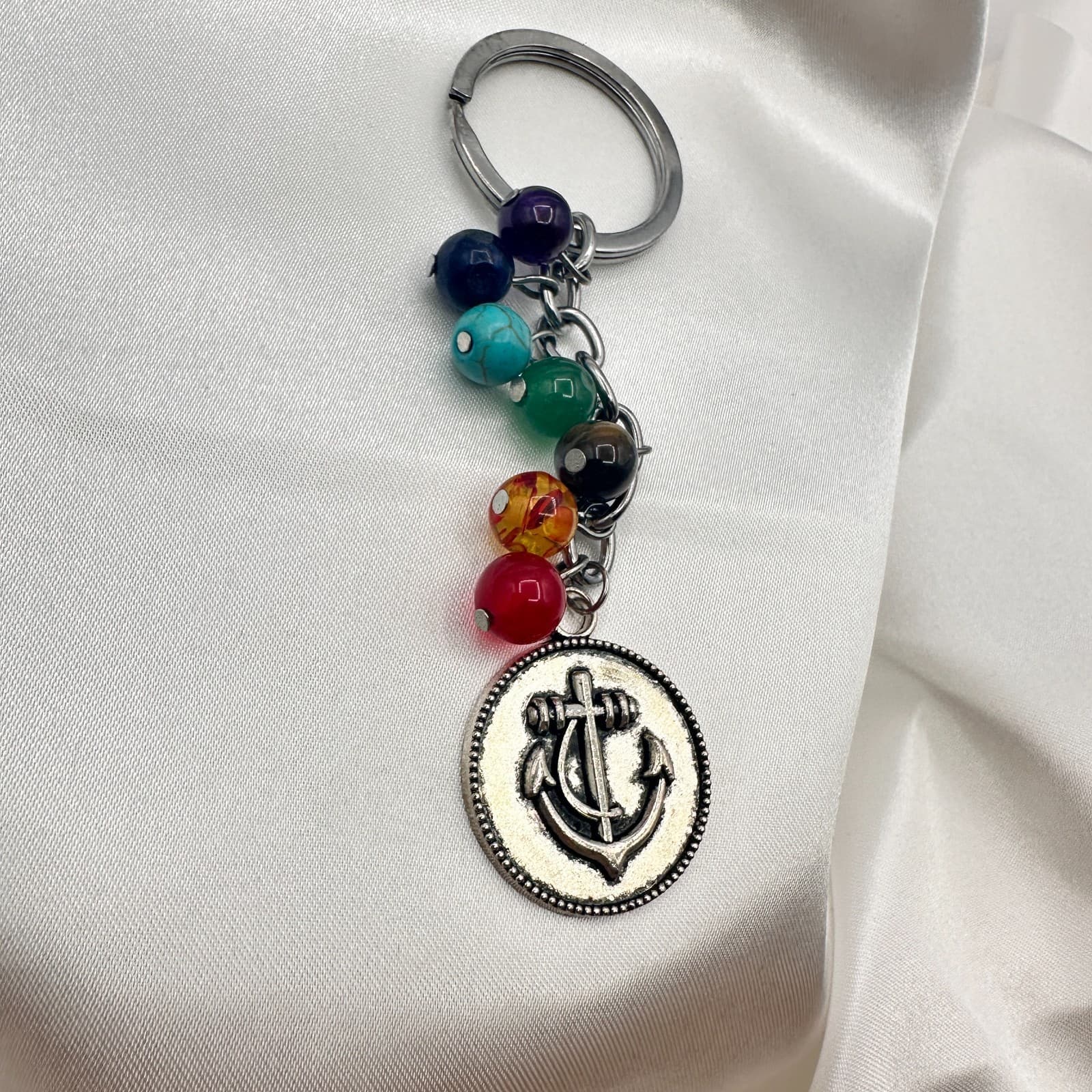 Vintage 80s 7 Chakra Healing Stone Keychain Yoga Reiki Anchor Charm Gift Jewelry - Thumbnail 4