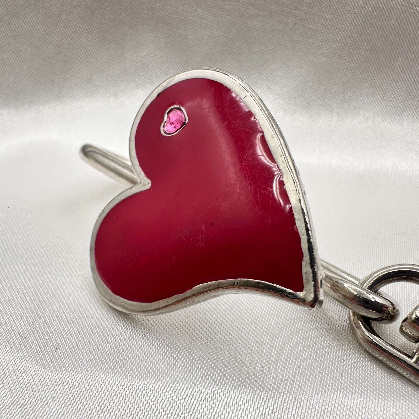 Vintage 80s Red Enamel Heart Charm Keychain Silver Tone Swivel Clip Bag Jewelry - Thumbnail 3