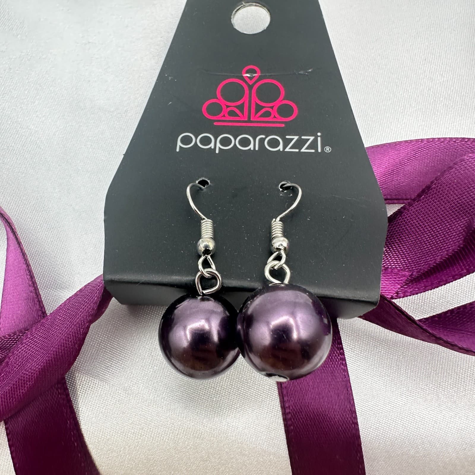 Vintage 90s Paparazzi Purple Faux Pearl Ribbon SilverTone Necklace & Earring Set - Thumbnail 2