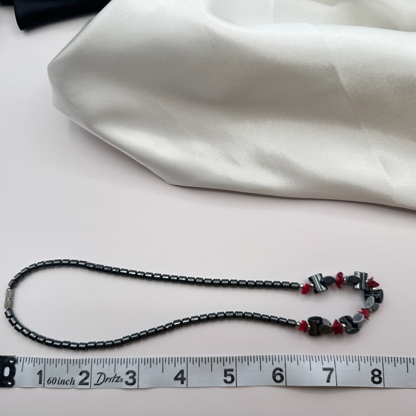 Vintage 90s Necklace Bracelet Earrings Set Hematite Red Chip Beads Boho Jewelry - Thumbnail 8