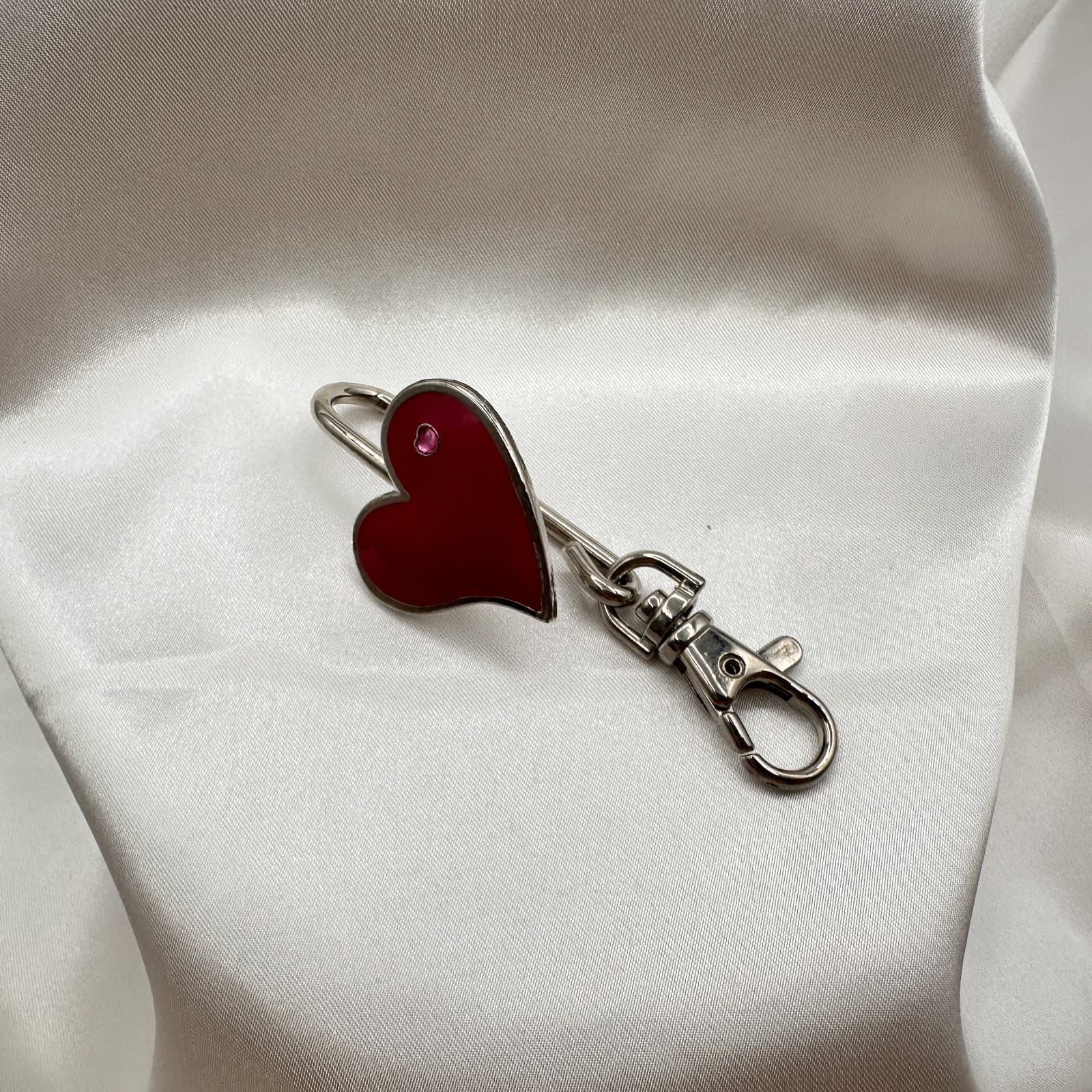 Vintage 80s Red Enamel Heart Charm Keychain Silver Tone Swivel Clip Bag Jewelry - Thumbnail 2