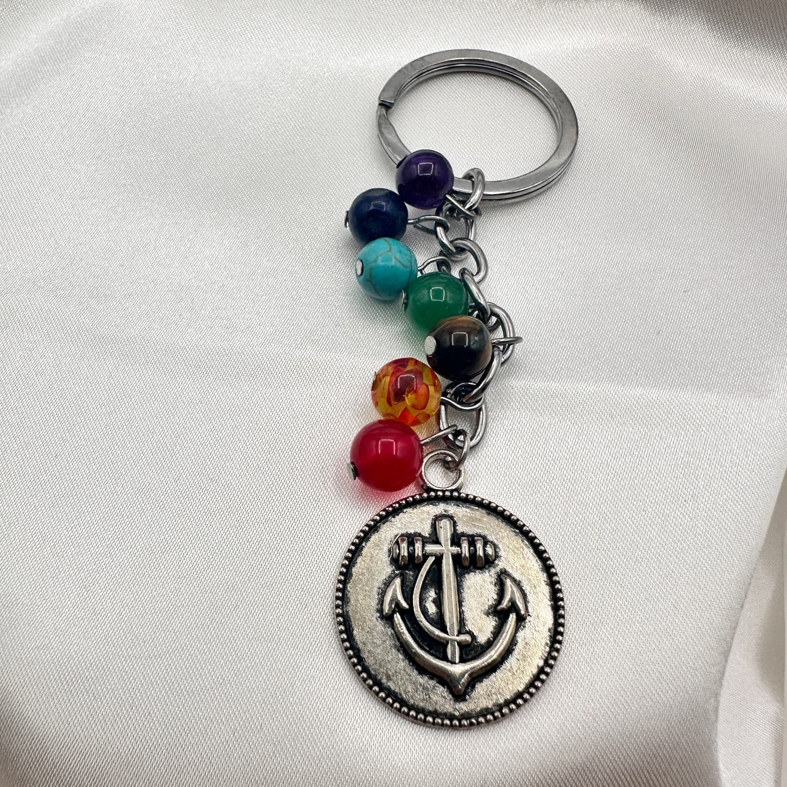 Vintage 80s 7 Chakra Healing Stone Keychain Yoga Reiki Anchor Charm Gift Jewelry - Thumbnail 2