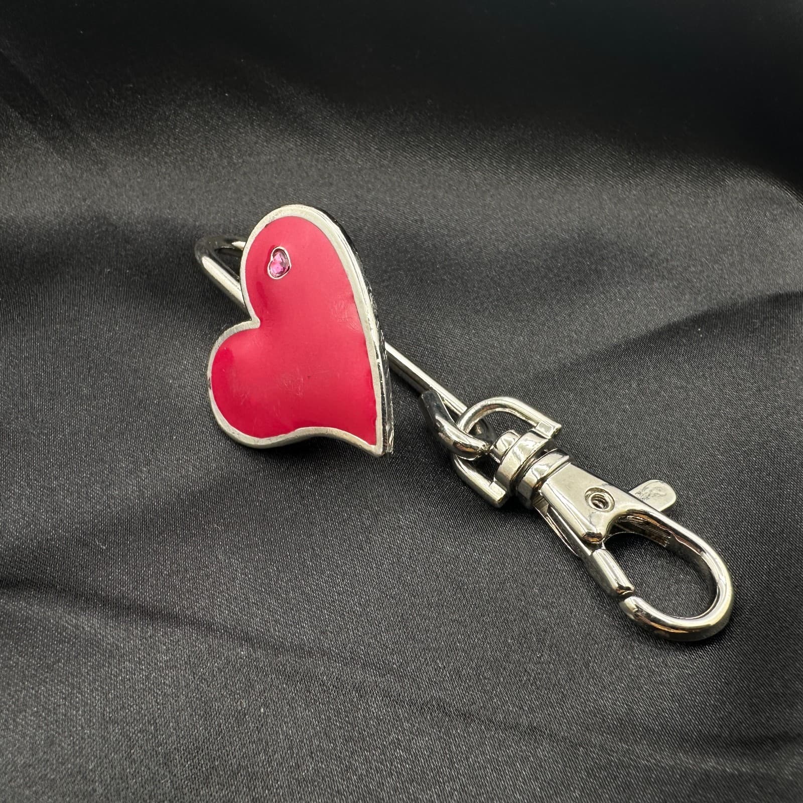 Vintage 80s Red Enamel Heart Charm Keychain Silver Tone Swivel Clip Bag Jewelry - Thumbnail 5