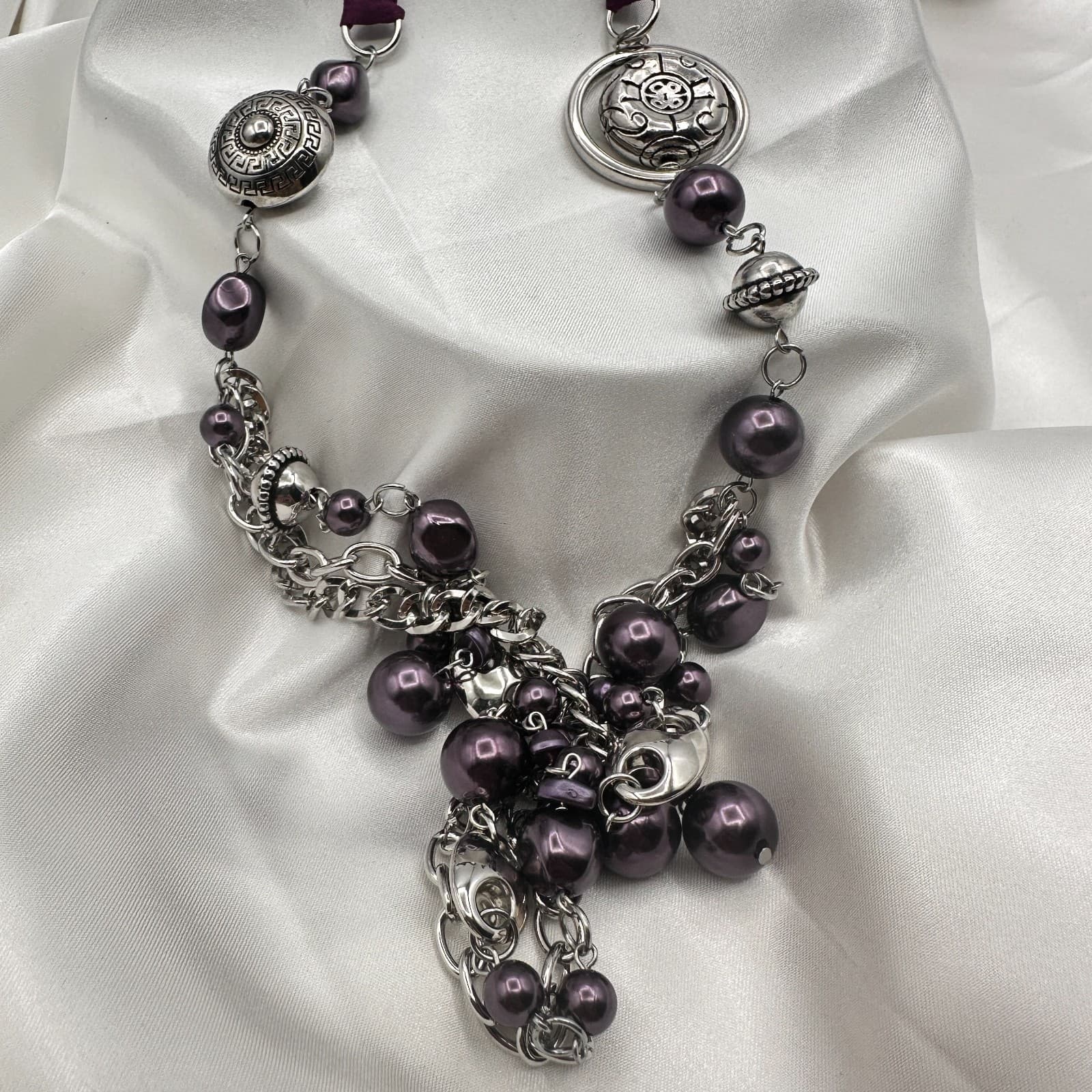 Vintage 90s Paparazzi Purple Faux Pearl Ribbon SilverTone Necklace & Earring Set - Thumbnail 3