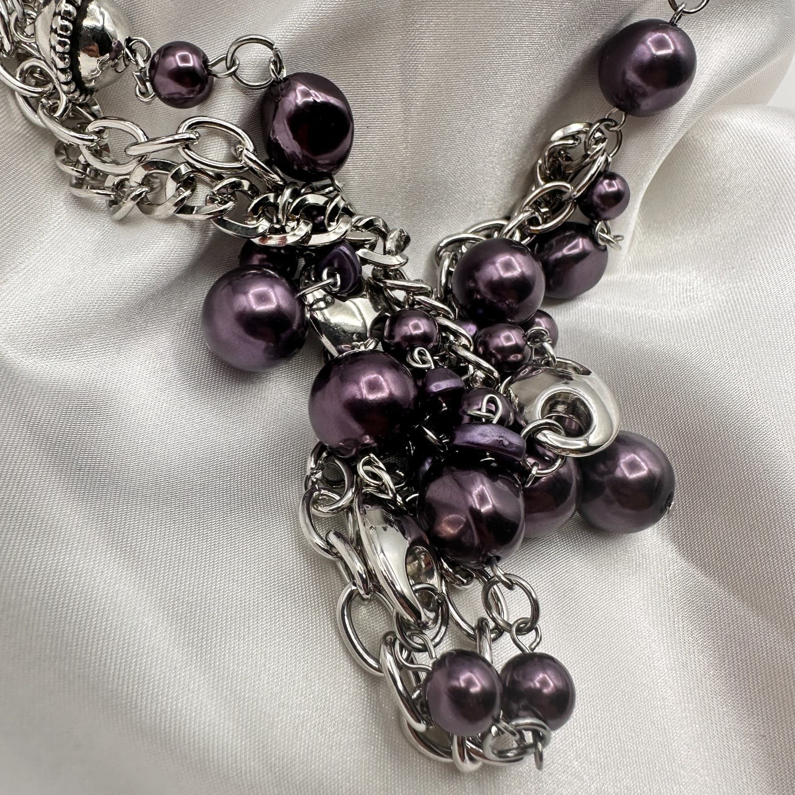Vintage 90s Paparazzi Purple Faux Pearl Ribbon SilverTone Necklace & Earring Set - Thumbnail 5