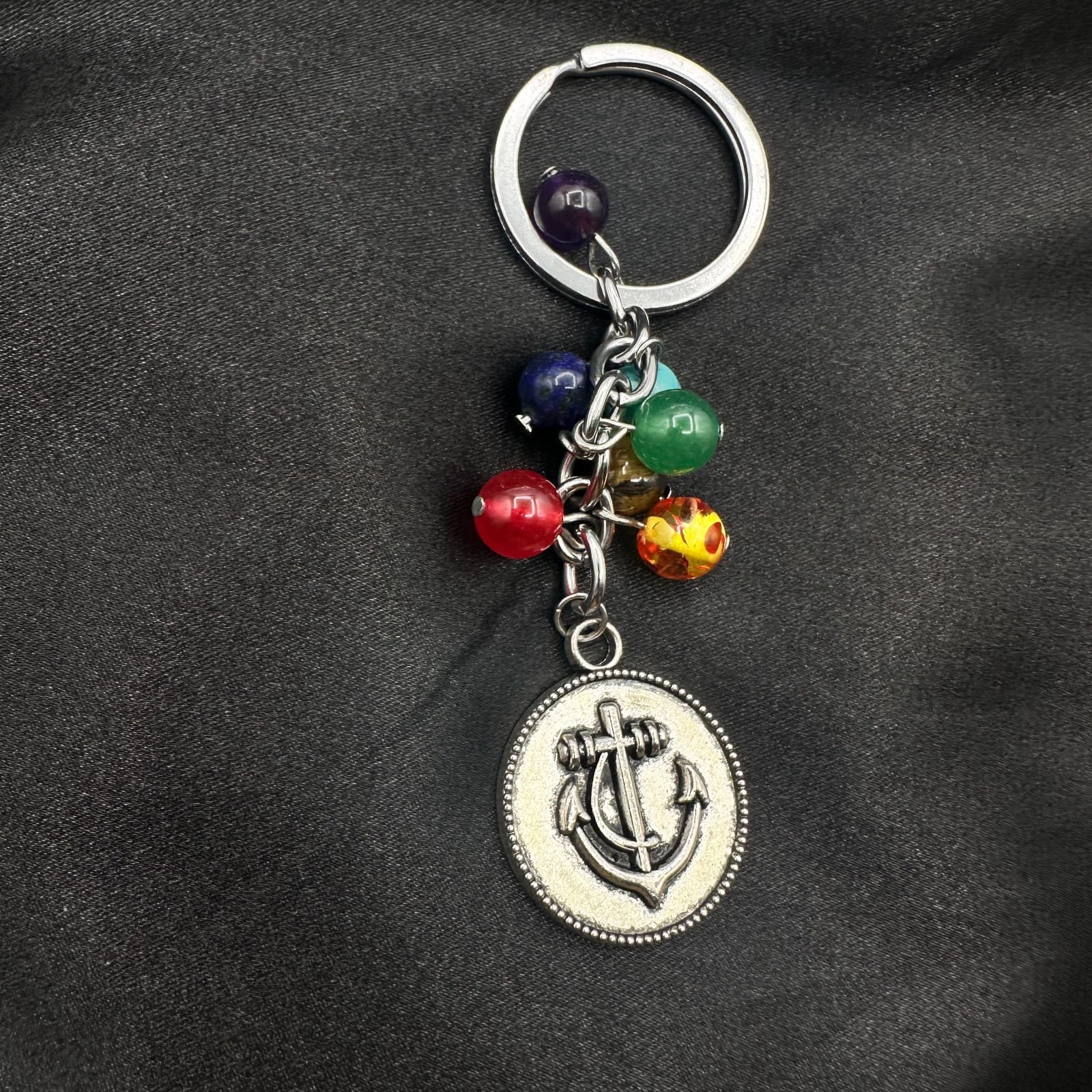 Vintage 80s 7 Chakra Healing Stone Keychain Yoga Reiki Anchor Charm Gift Jewelry - Thumbnail 9