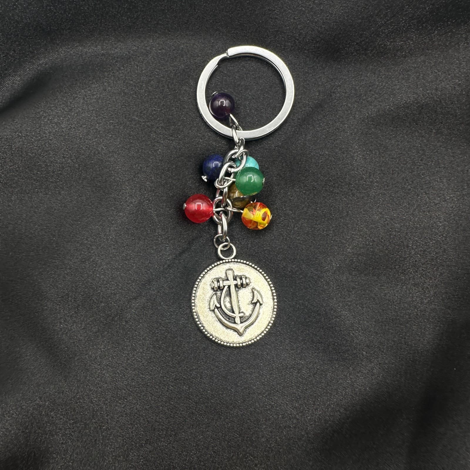 Vintage 80s 7 Chakra Healing Stone Keychain Yoga Reiki Anchor Charm Gift Jewelry - Thumbnail 8