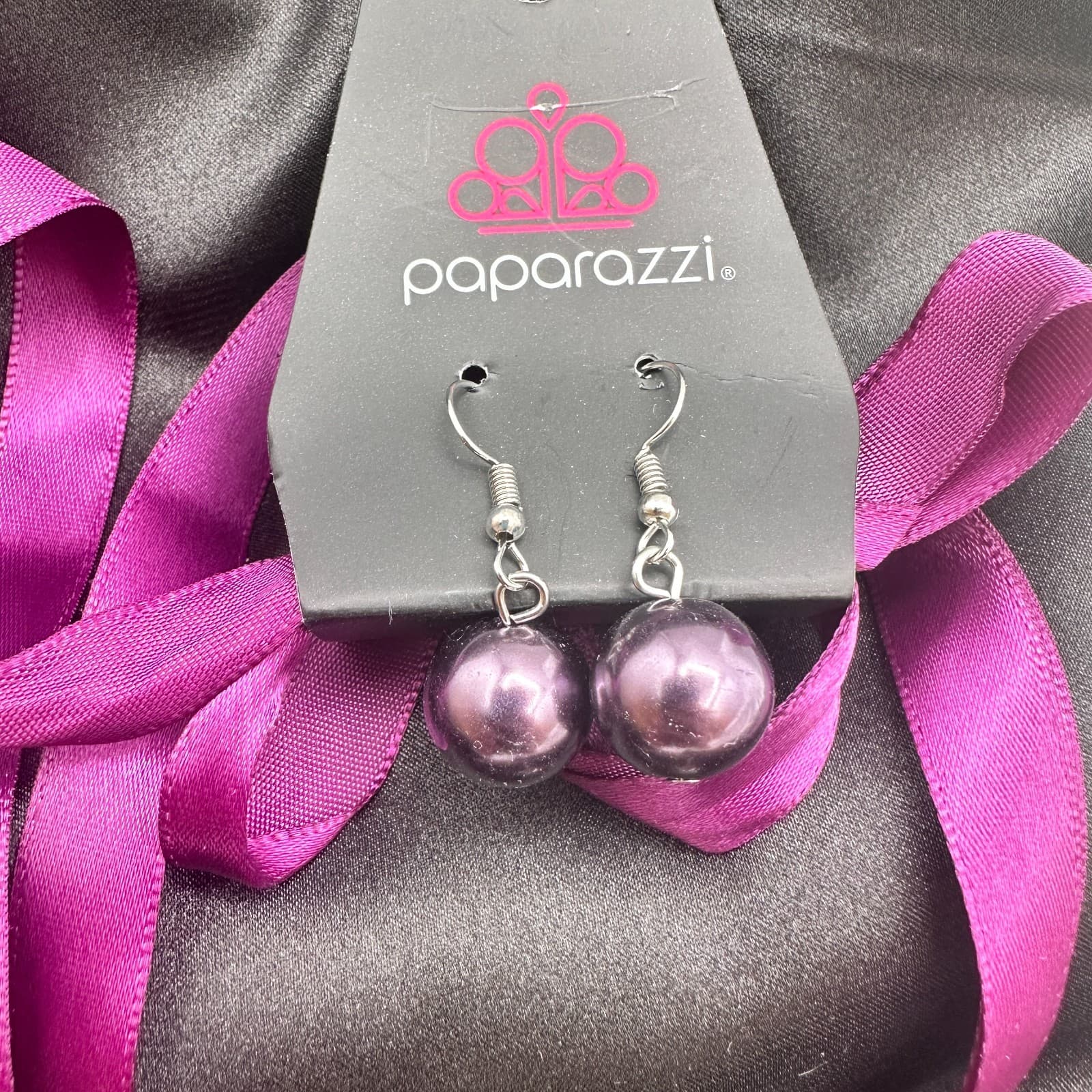 Vintage 90s Paparazzi Purple Faux Pearl Ribbon SilverTone Necklace & Earring Set - Thumbnail 11