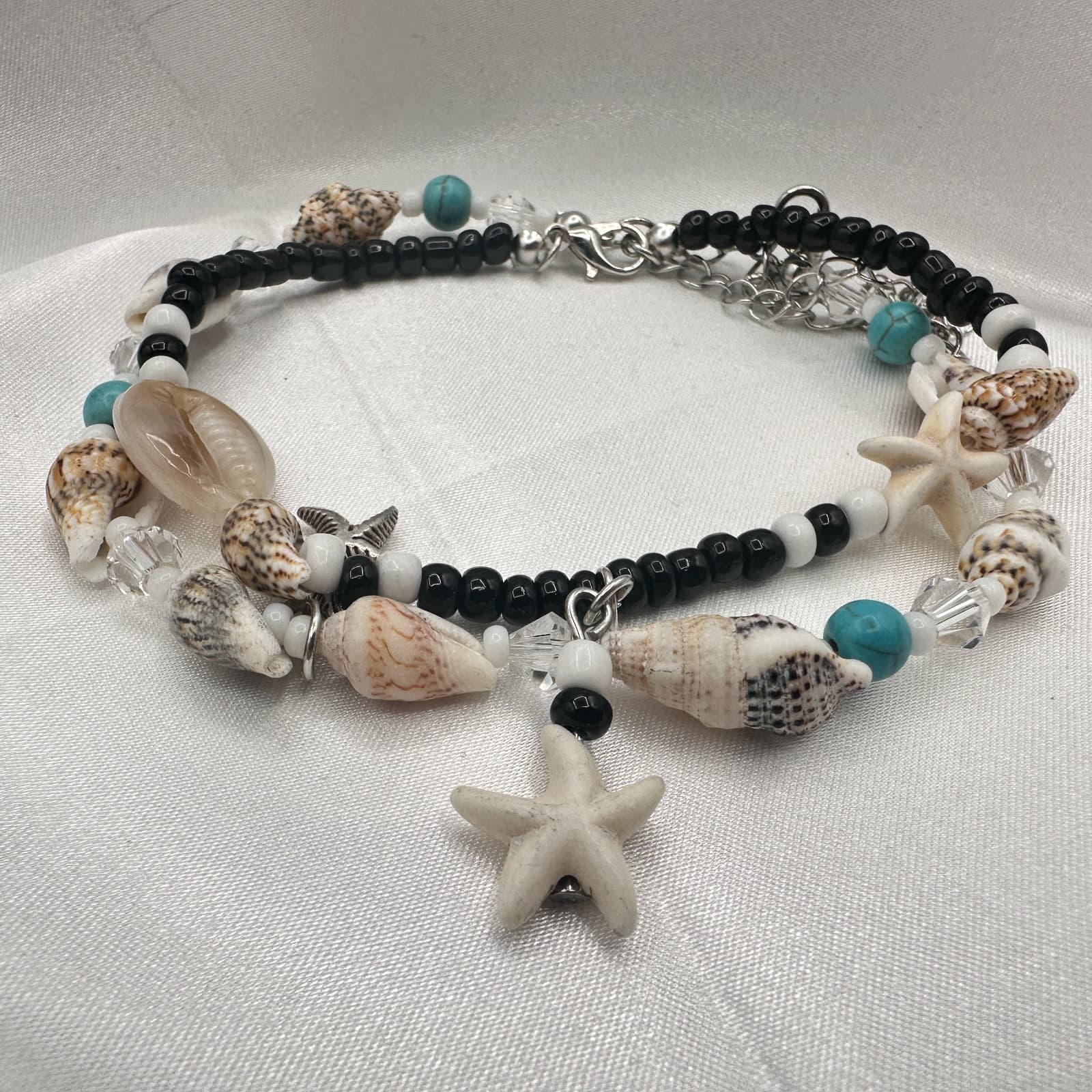 Vintage 90s Seashell Starfish Glass Beads Bracelets Set Beach Fashion Jewelry - Thumbnail 4